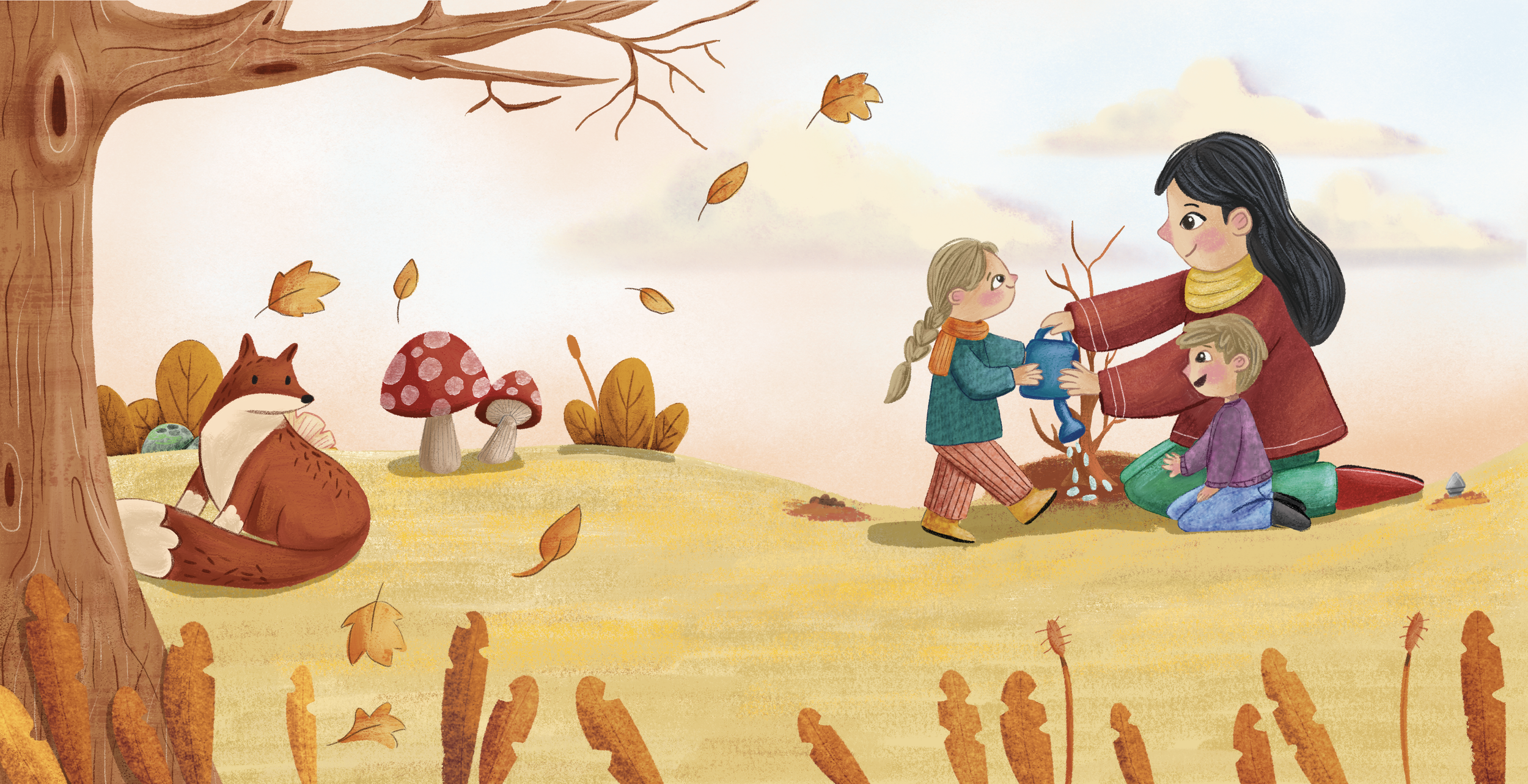A woman planting a small tree with two children beside her in an autumn landscape. A fox is sitting under a large tree near to mushrooms and falling leaves.