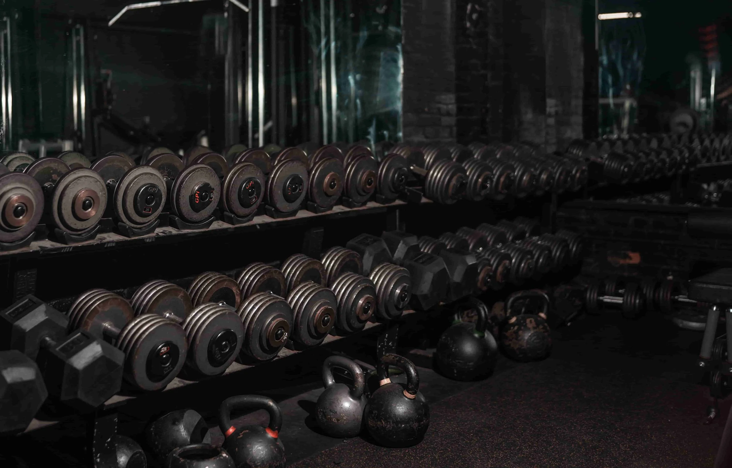 Row of dumbbells and kettlebells on a rack in a gym.