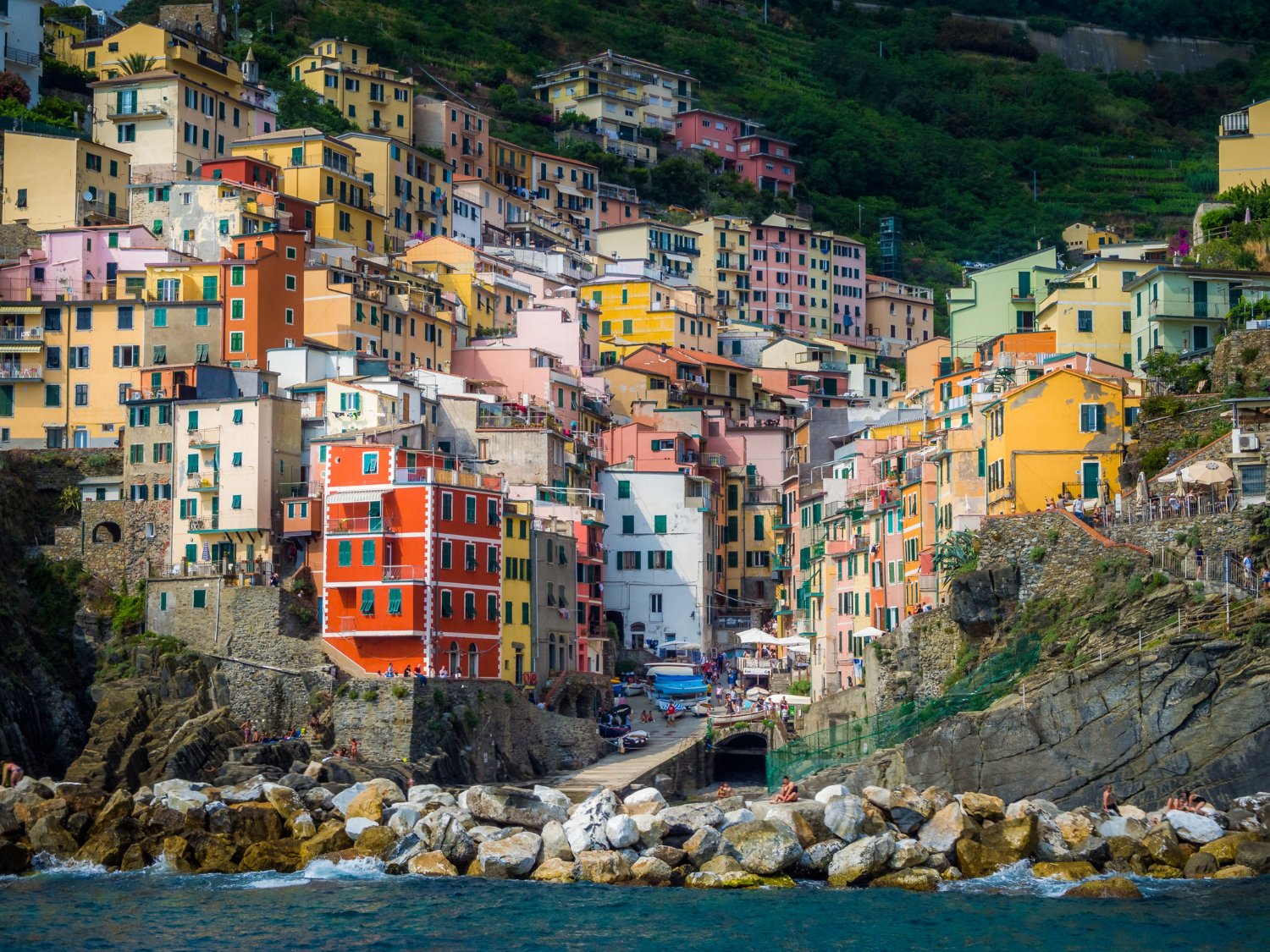 Colorful houses built on a steep hillside overlooking the ocean in a coastal town.