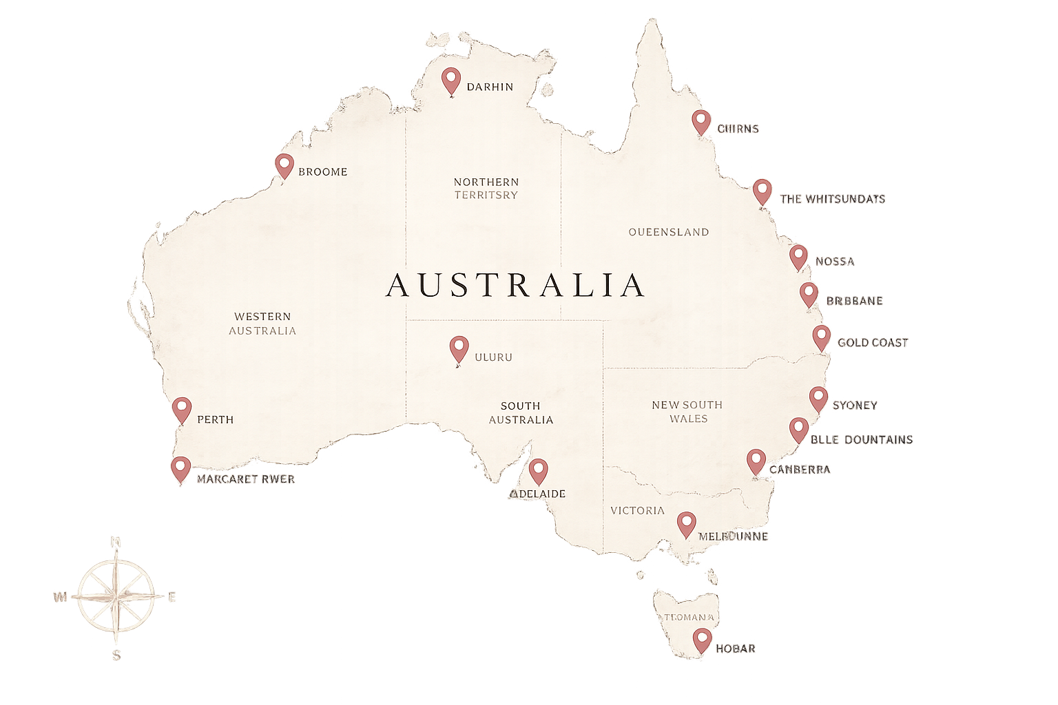 Map of Australia with red location markers indicating major cities and regions, including Perth, Alice Springs, Uluru, Melbpurne, Canberra, Sydney, Gold Coast, Brisbane, Noosa, The Whitsundays, Cairns, Darwin, Broome, and Margaret River. North is oriented with a compass rose in the bottom left corner.