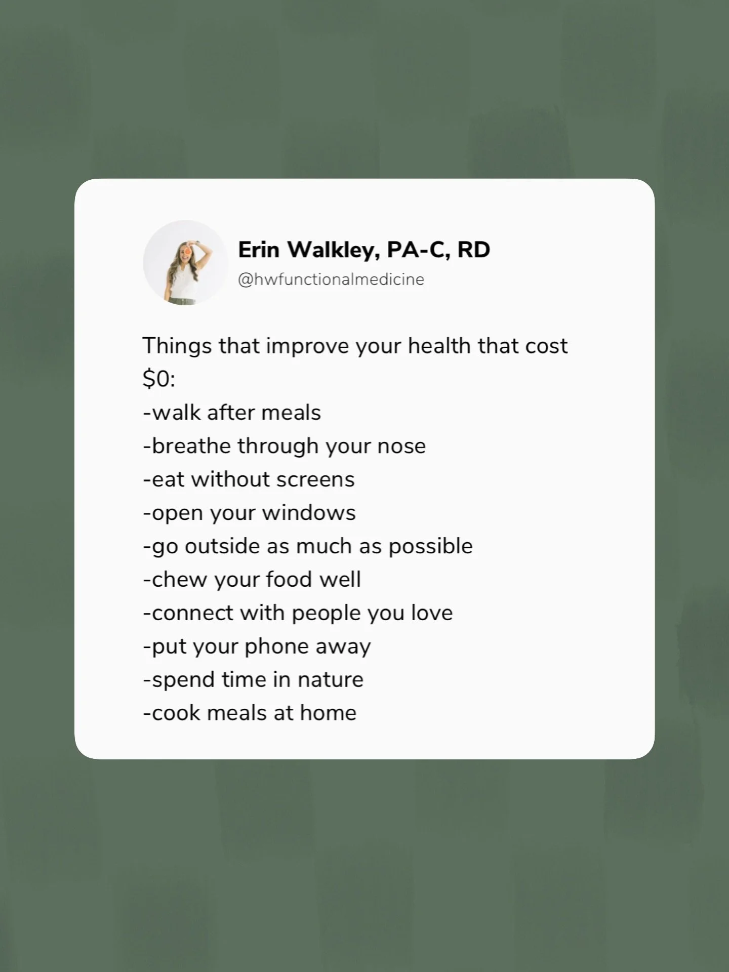 I&rsquo;m fully aware that sometimes functional medicine has the reputation of being expensive, complicated, or out of reach.

But some of the most powerful things we can do for our health actually cost nothing at all!

Fresh air, movement, slowing d