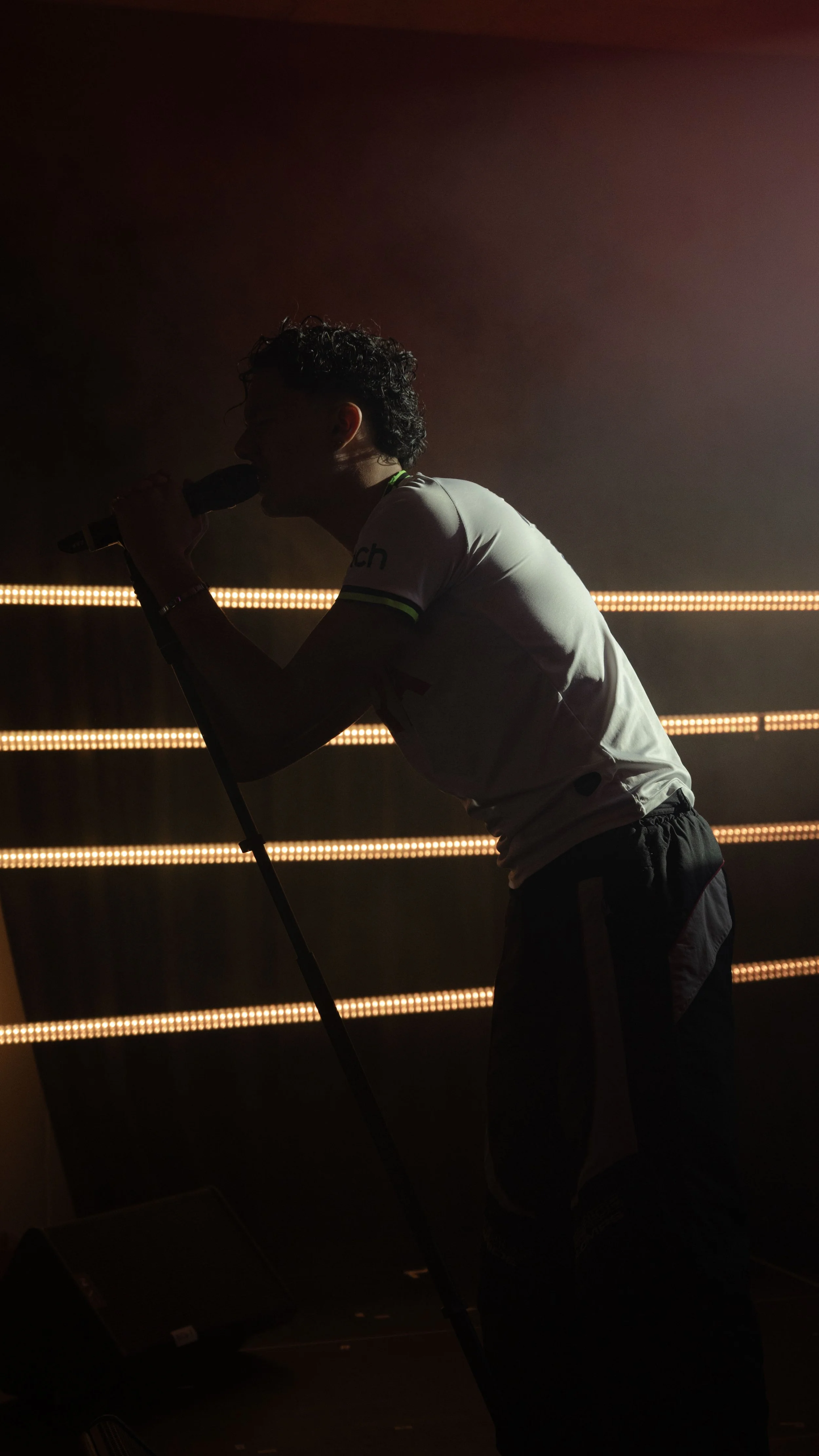 Une personne chante dans une lumière tamisée, utilisant un microphone pendant une performance scénique.