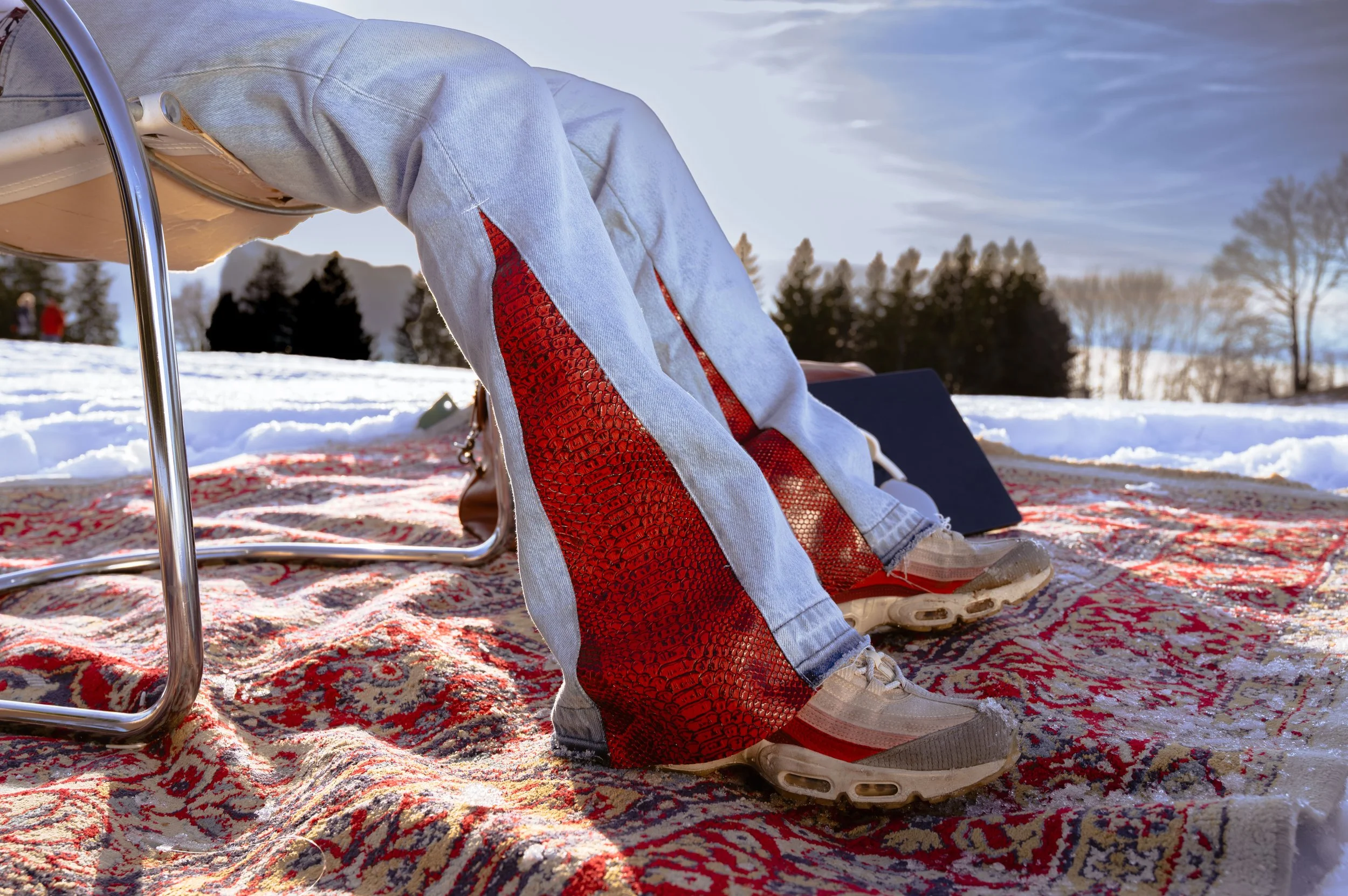 Personne portant des vêtements d'hiver, assise sur un tapis à l'extérieur dans un paysage enneigé, avec des montagnes et des arbres en arrière-plan.