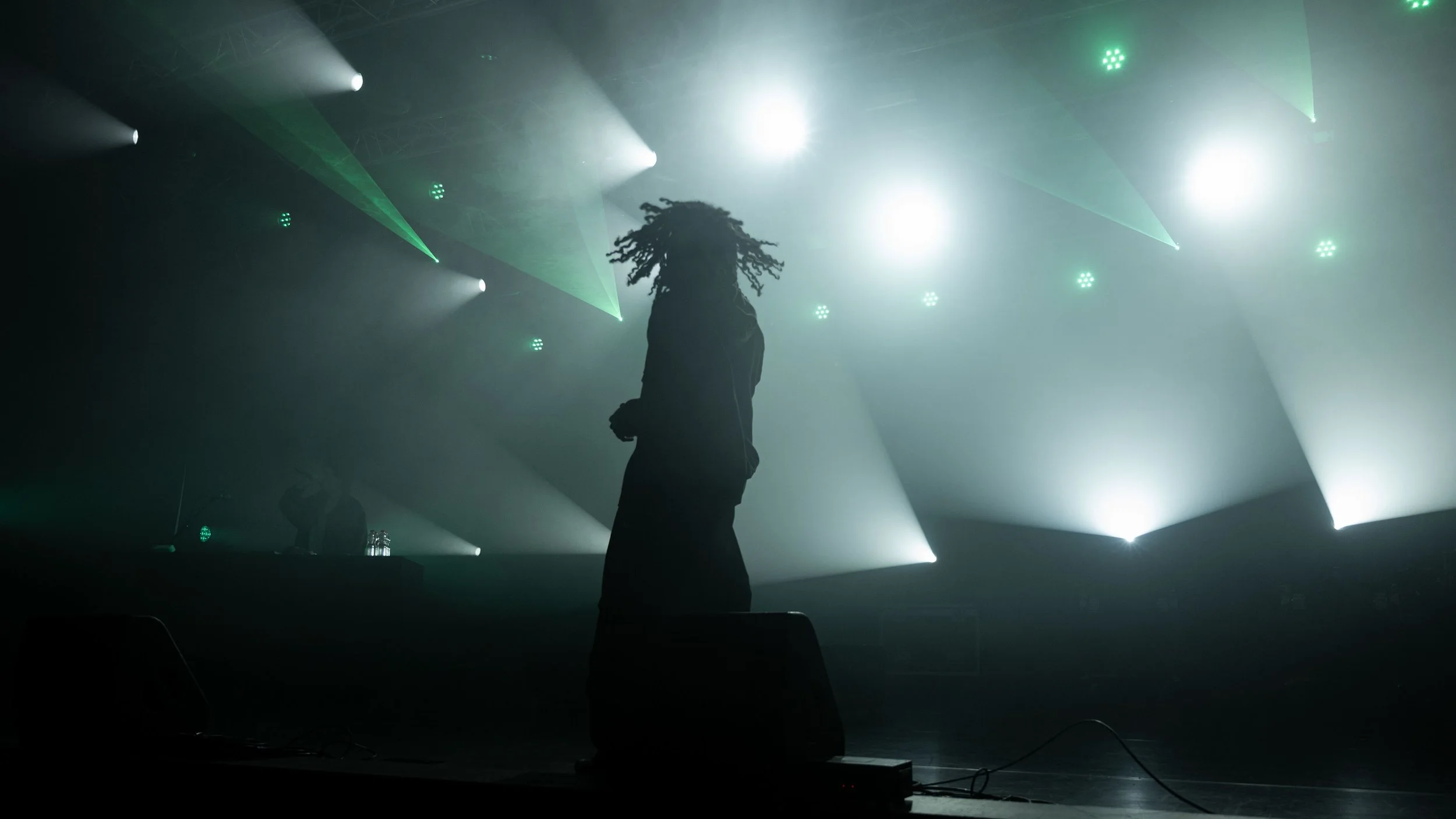 Un individu avec des dreadlocks se tient sur scène sous des lumières vertes et blanches dans une ambiance de concert ou de spectacle.