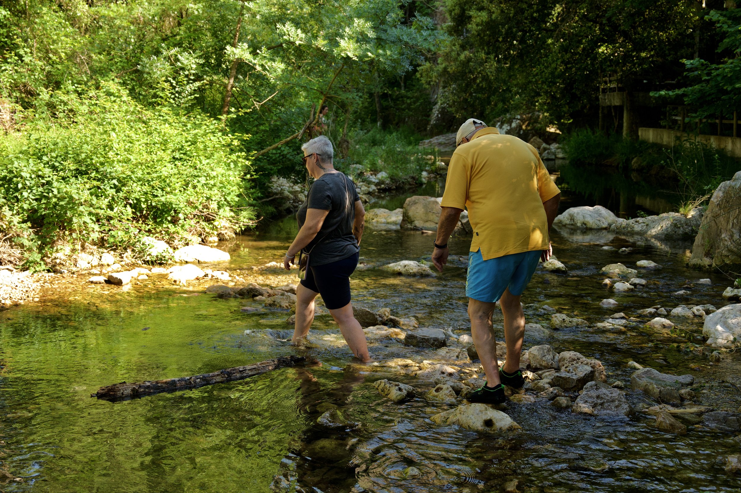 Deux hommes et une femme traversent une rivière peu profonde entourée d'une forêt dense avec beaucoup de feuilles vertes et de roche sur les rives.