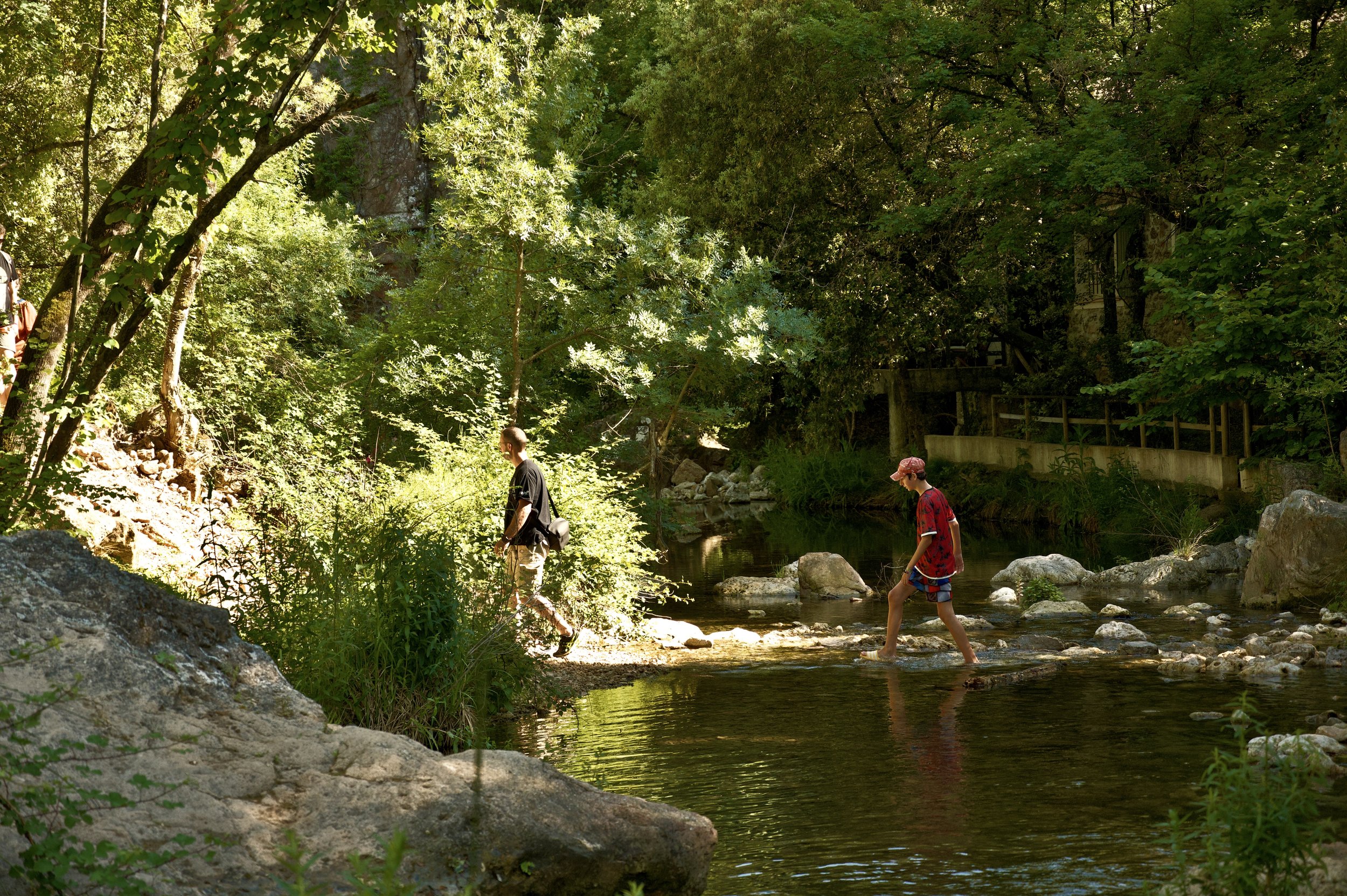 Trois enfants jouent dans une rivière entourée d'arbres verts denses, avec un sentier en bois ou en pierre visible à l'arrière-plan.