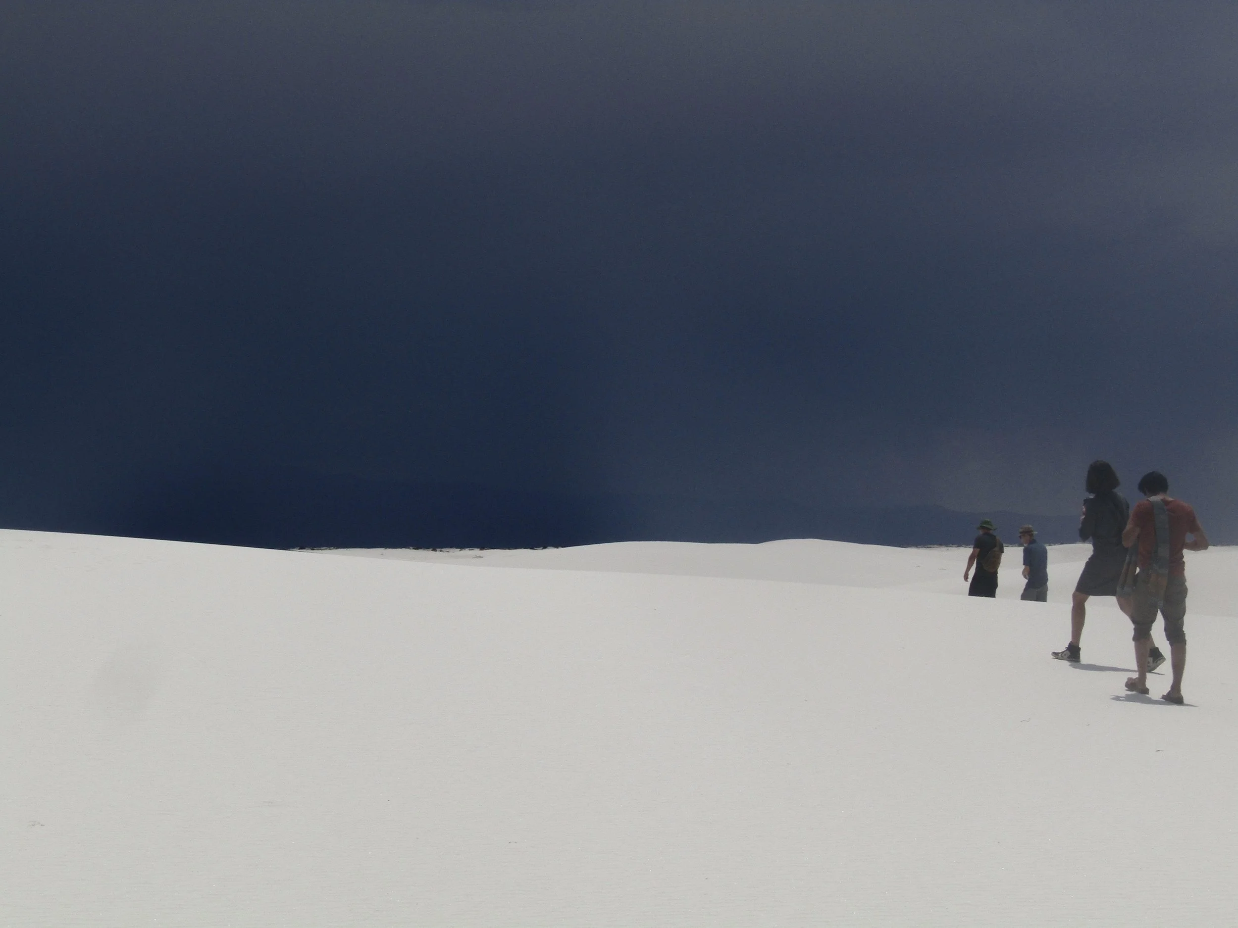 Four people walking in a snow-covered landscape under a dark, stormy sky.