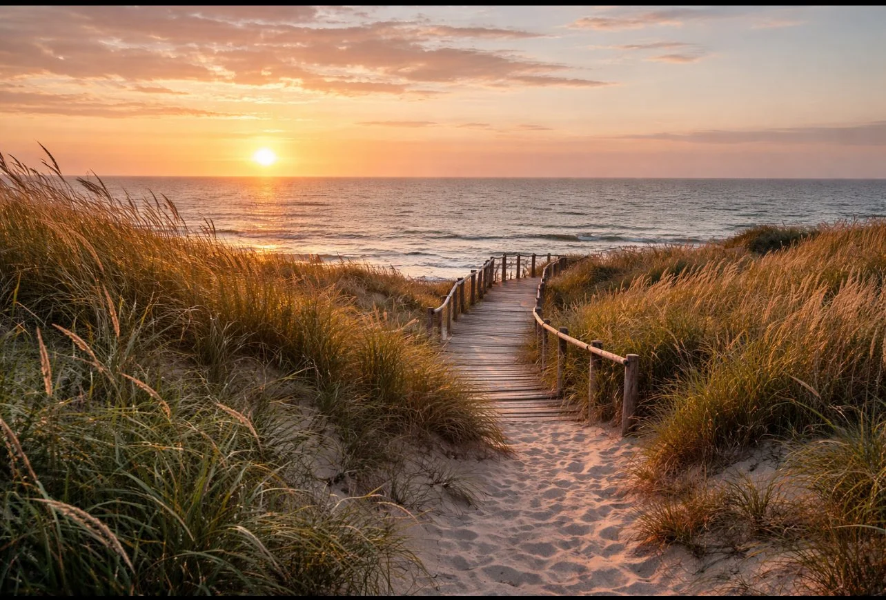 A wooden pathway leading through sand dunes and tall grass towards the ocean at sunset, with a partly cloudy sky.
