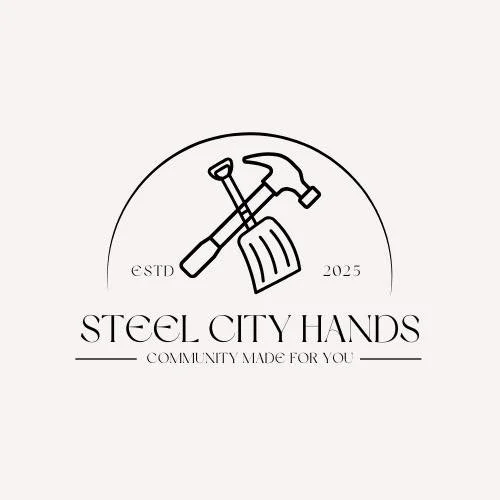 Logo for Steel City Hands featuring a hammer, wrench, and shovel with text 'ESTD 2025' and 'Community Made for You'.