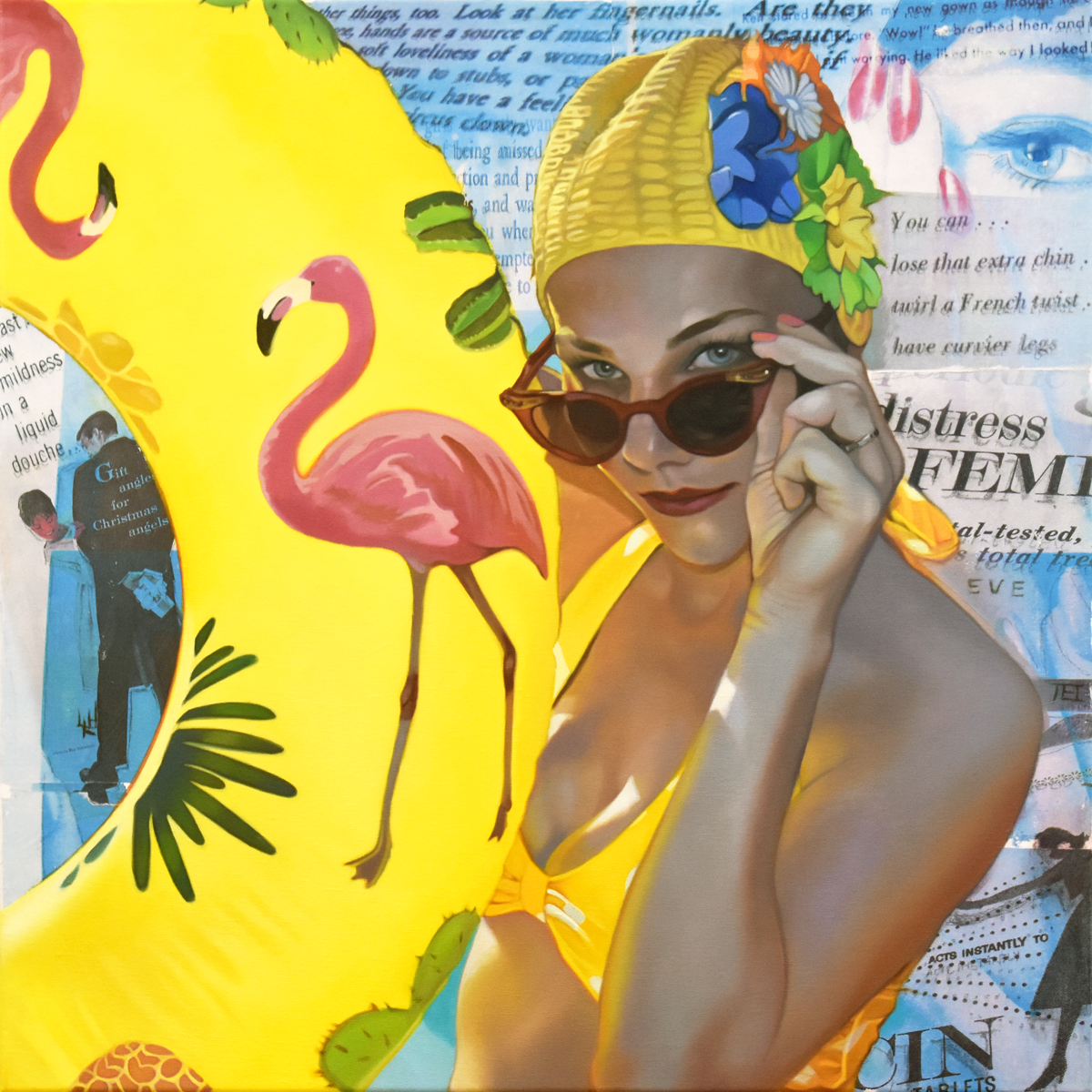 "Facade" 24x24 oil & mixed media on linen.

A statement piece, commentary on messaging toward women and female roles, through advertising & media in contemporary history. 

Available for purchase.