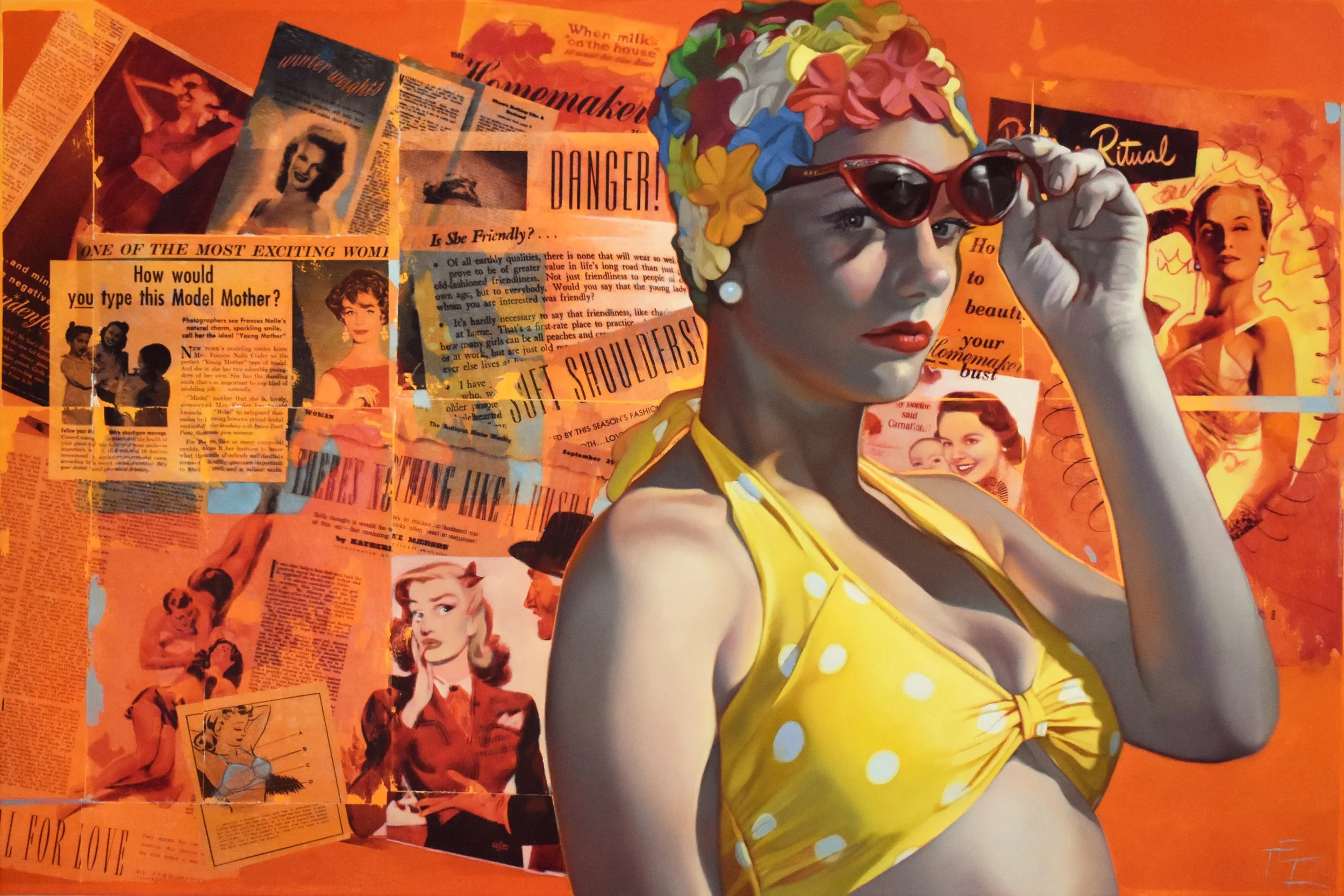 "Girl with a Pearl Earring"
36x24 oil & mixed media 

A statement piece, commentary on messaging toward women and female roles, through advertising & media in contemporary history. 

Available for purchase. 