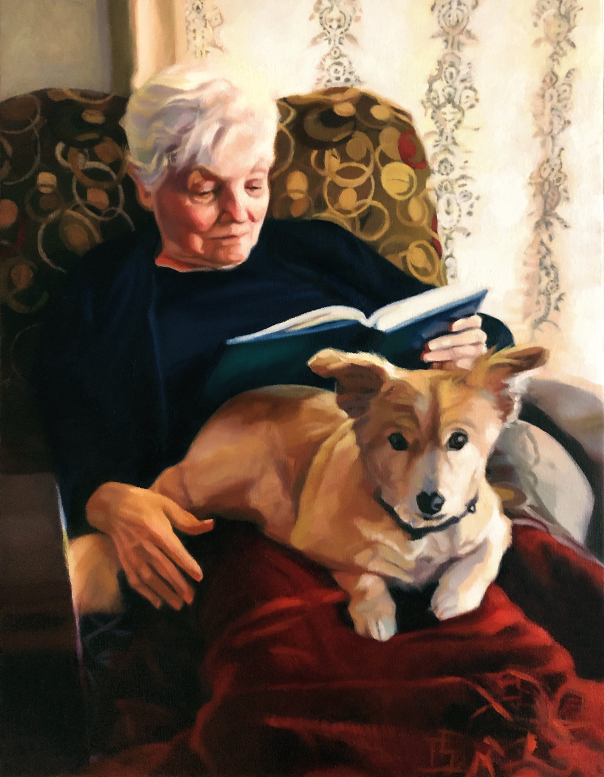 "Sunday Morning Scripture" 16x20 oil on linen, commission portrait, private collection.