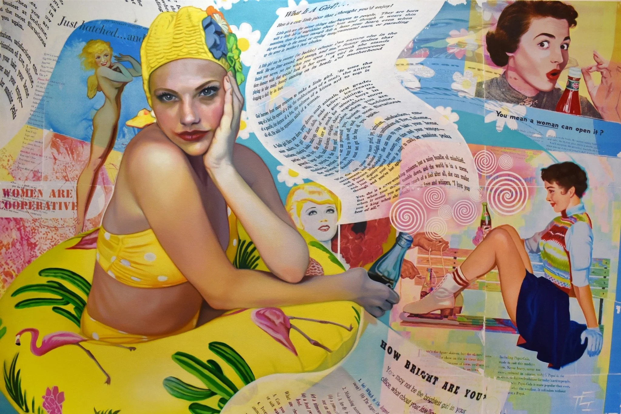 "Non-compliance" 36x24 oil & mixed media on linen.

A statement piece, commentary on messaging toward women and female roles, through advertising & media in contemporary history. 

Available for purchase.