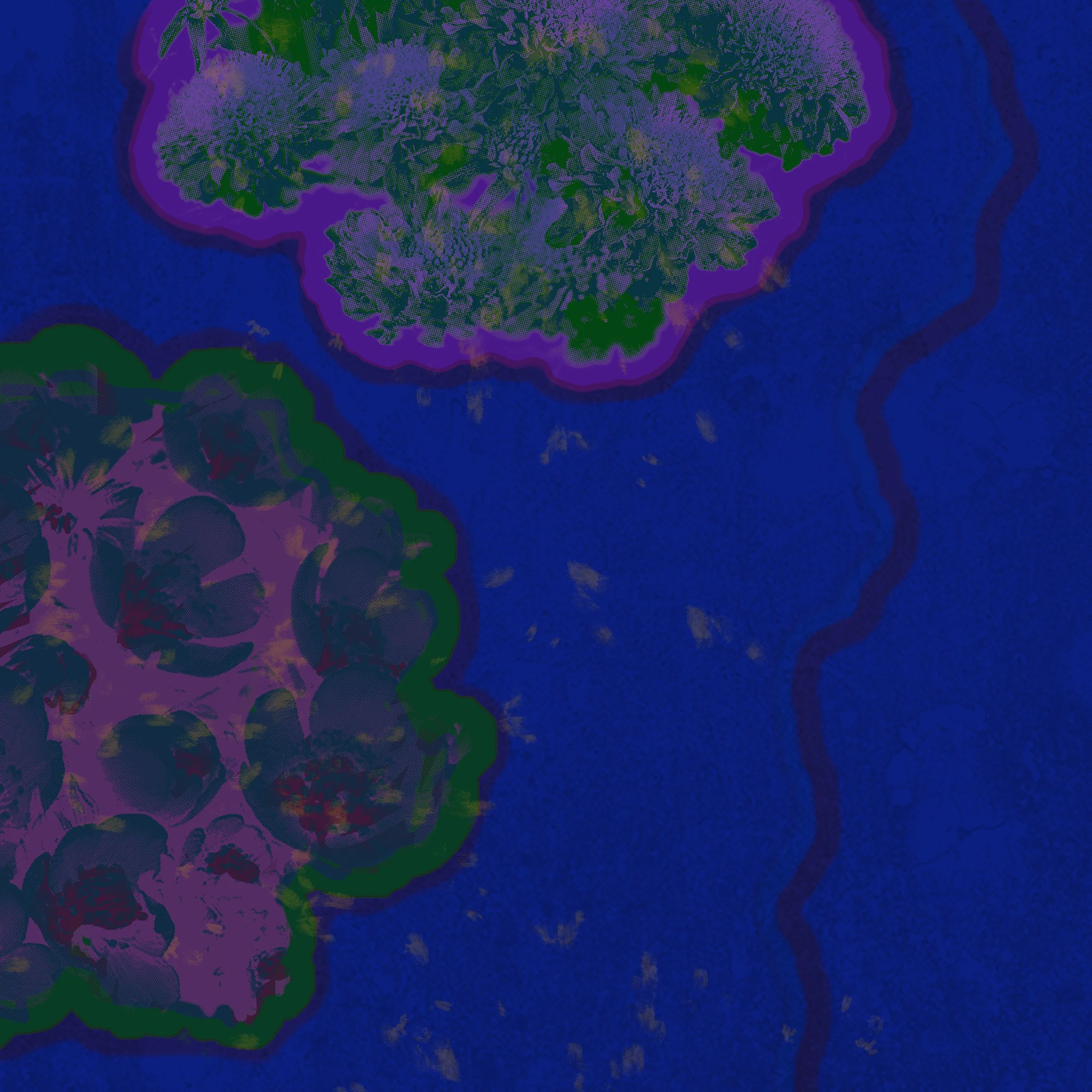 A colorful, abstract map showing land and water bodies with different colored areas and borders.