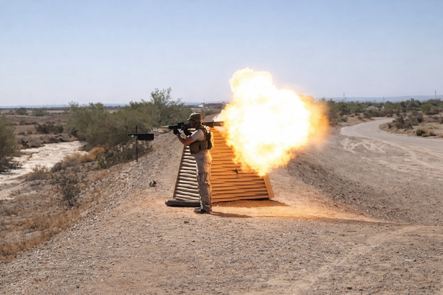Michael Eaves testing EBSS blast overpressure mitigation during live-fire range evaluation