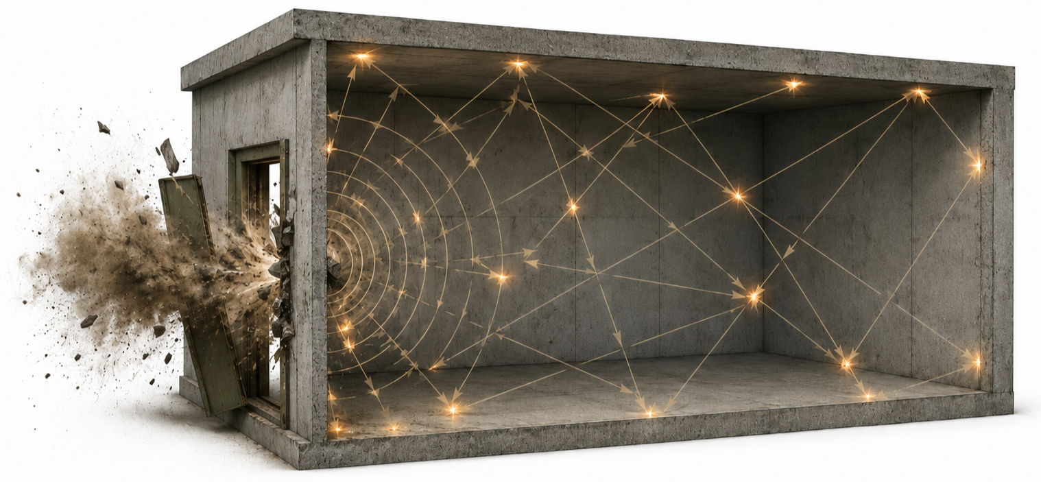 Reflected blast overpressure pathways inside a close-quarters training room