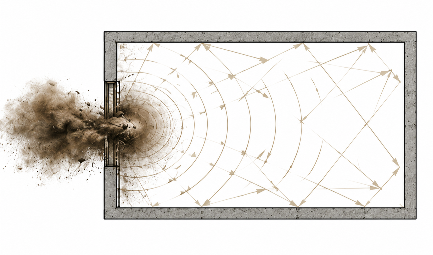 Top-down diagram of blast overpressure reflection inside a confined training space
