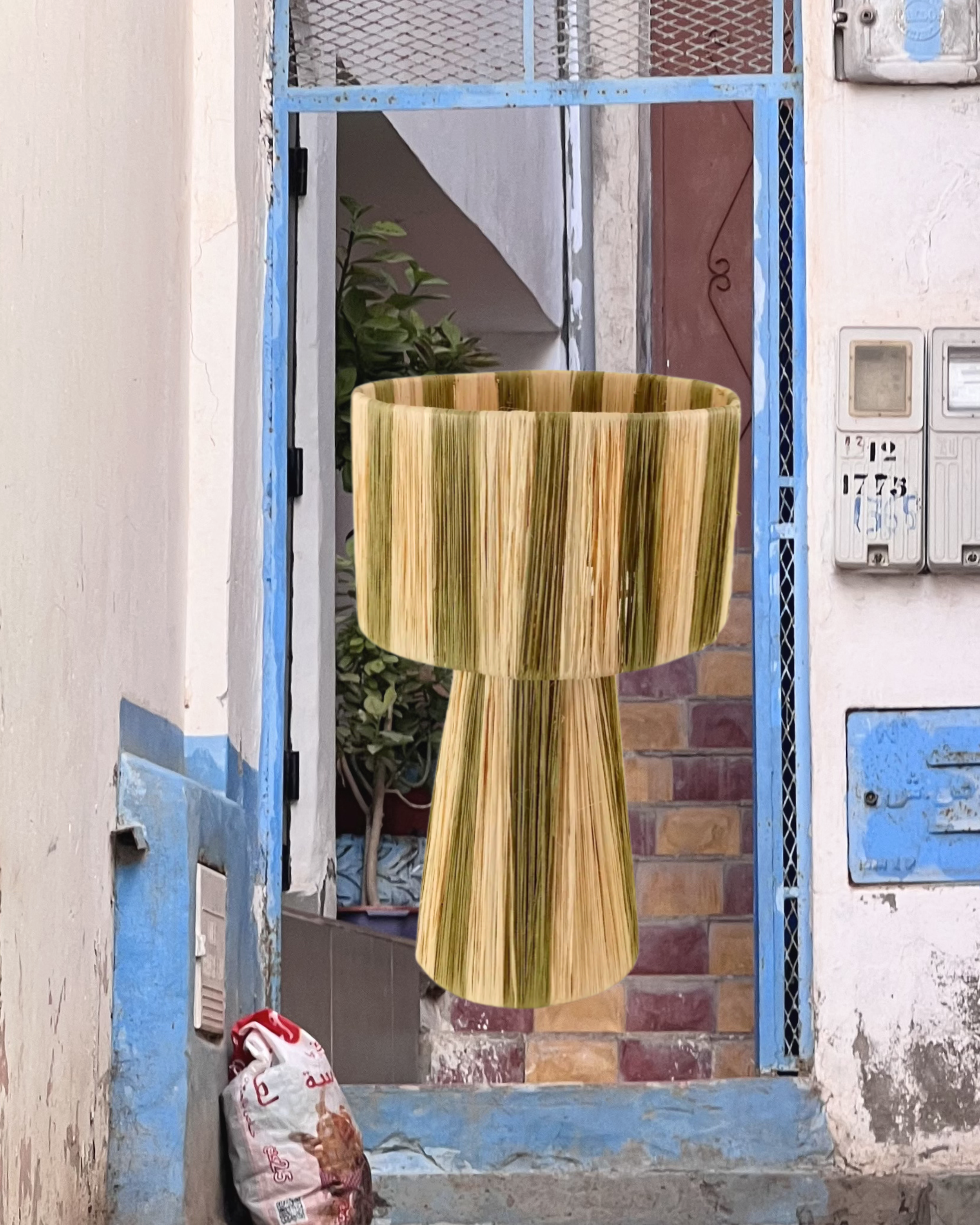 Olive Striped Moroccan Raffia Lamp