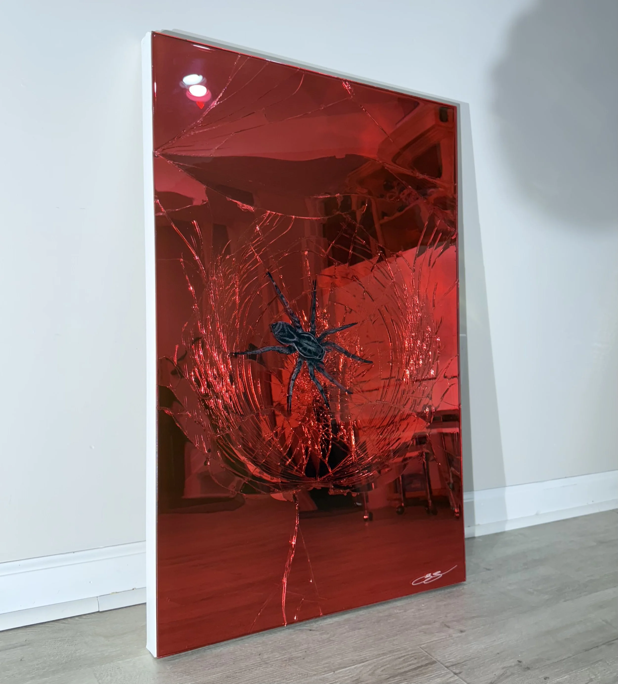 Acrylic, stained glass paint and epoxy resin on intentionally-shattered mirror. Mounted to canvas. 24 x 36 in.