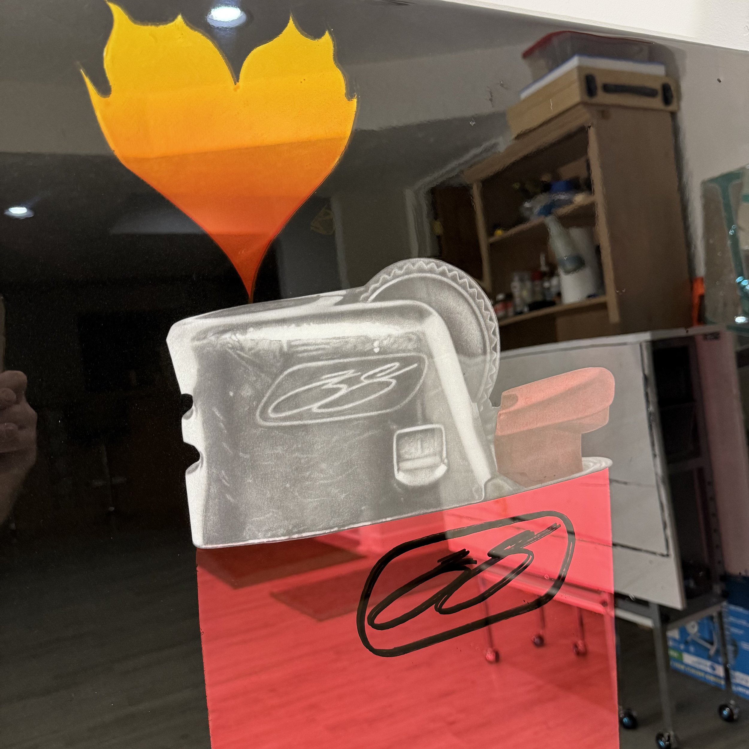 Graphite pencil drawing, acrylic, stained glass paint and epoxy resin on mirror. Mounted to canvas. 3 x 4 ft.