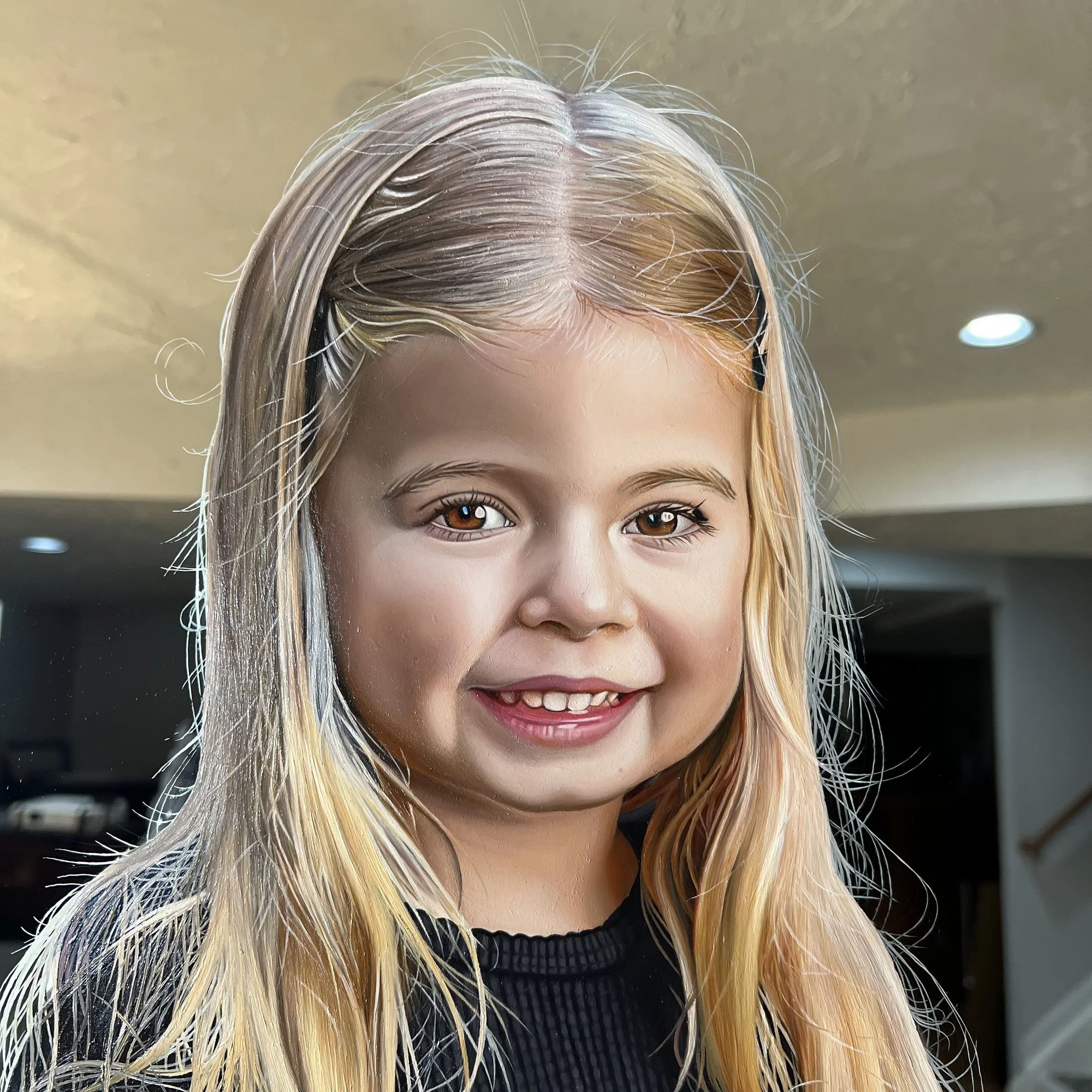 Realism portrait painted with oil paint on a 22" x 56" mirror. Created for a private client, the work merges hyper-detailed realism with a reflective mirror surface and a custom frame. Approximately 300 hours in creation.