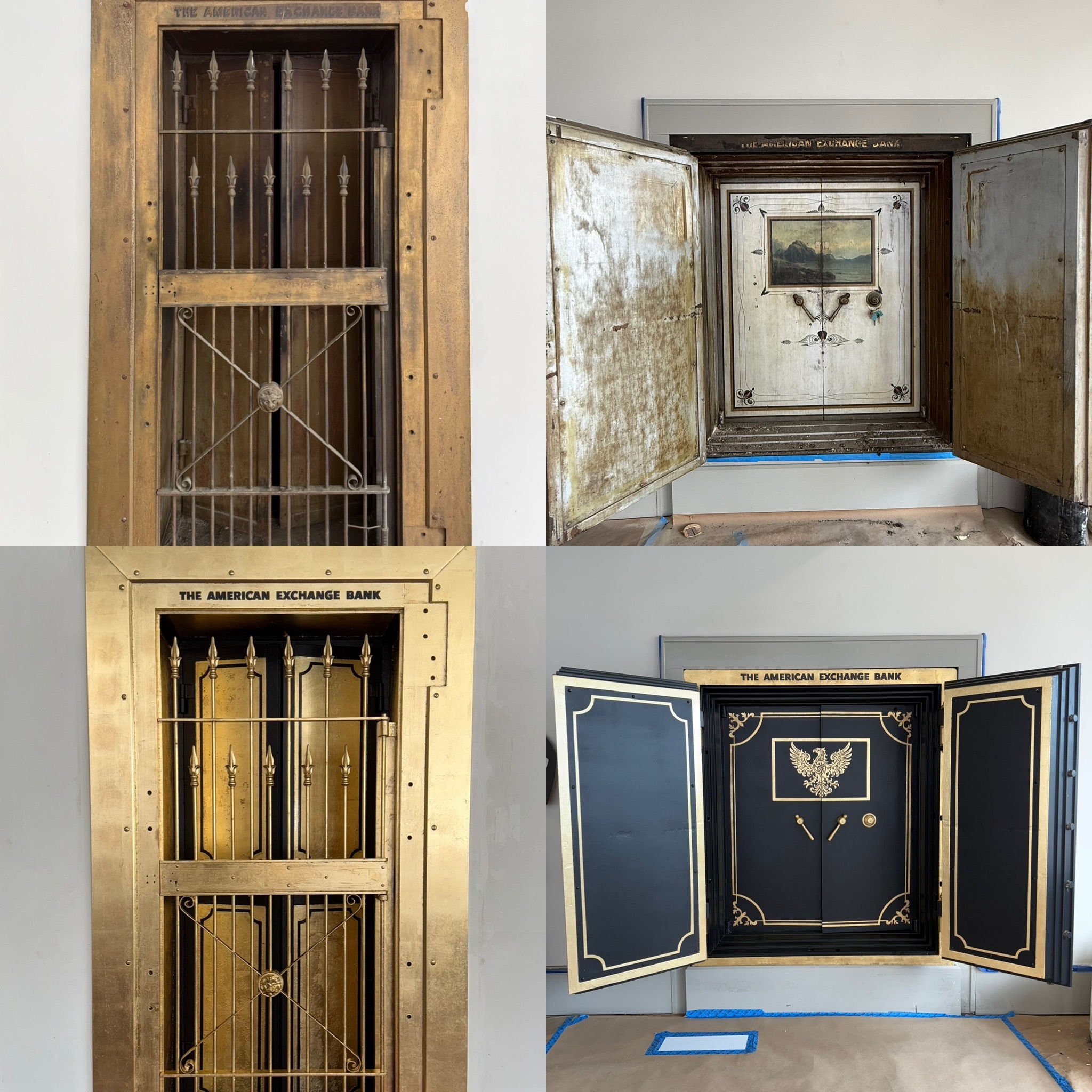 Restoration and redesign of historic bank vaults built in 1818 within the oldest commercial building in Canton, Ohio. Featuring hand-applied gold leaf, custom detailing, and architectural enamel finishes throughout the installation.