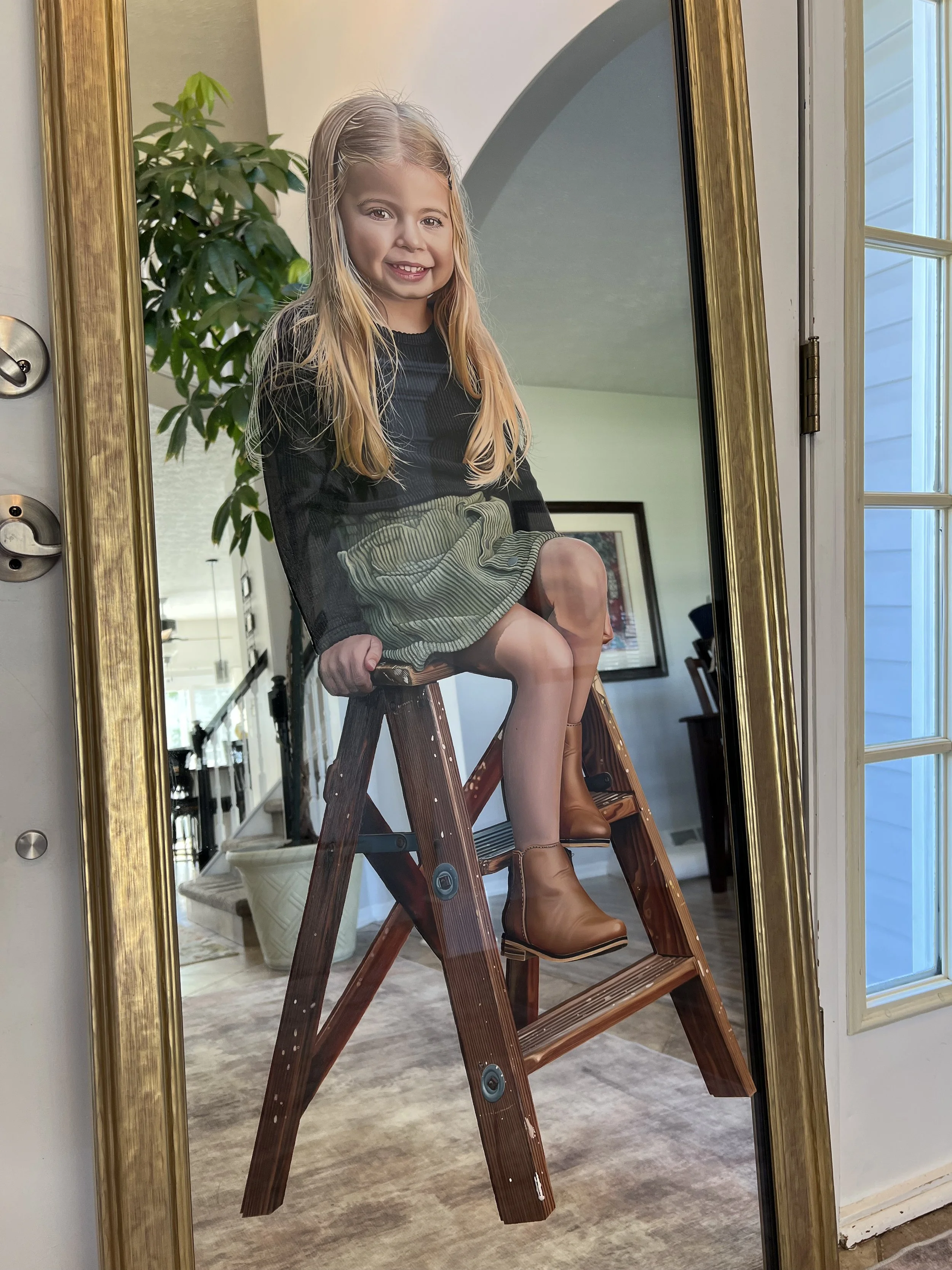 Realism portrait painted with oil paint on a 22" x 56" mirror. Created for a private client, the work merges hyper-detailed realism with a reflective mirror surface and a custom frame. 