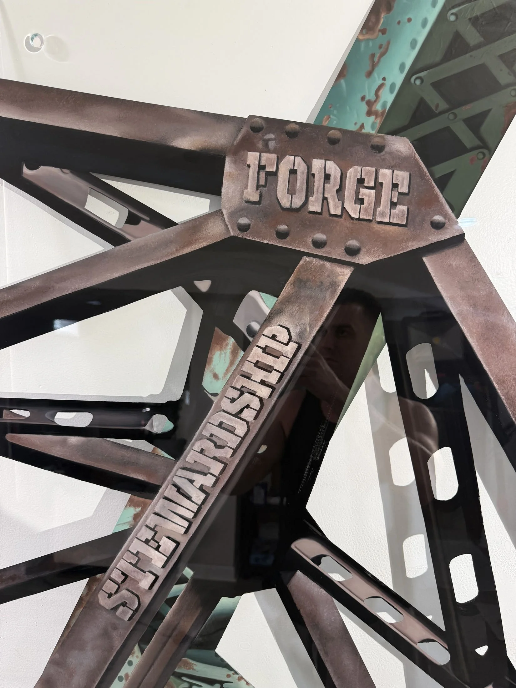 Cleveland steel industry inspired glass installation featuring industrial bridge structures painted on 3ft x 4ft tempered glass. Finished with epoxy resin and floating stainless steel standoff mounting. Approximately 150 hours in creation.
