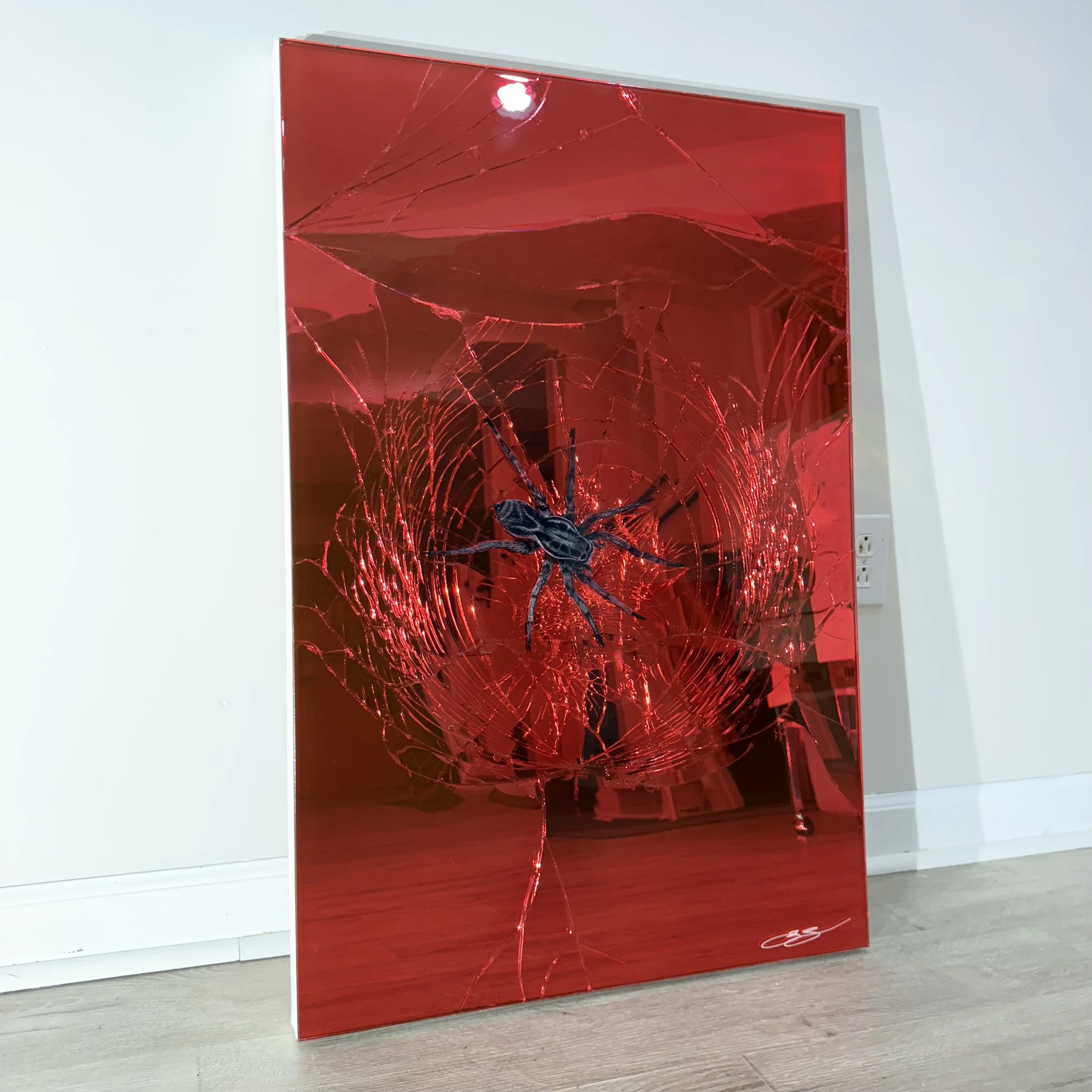 Acrylic, stained glass paint and epoxy resin on intentionally-shattered mirror. Mounted to canvas. 24 x 36 in.