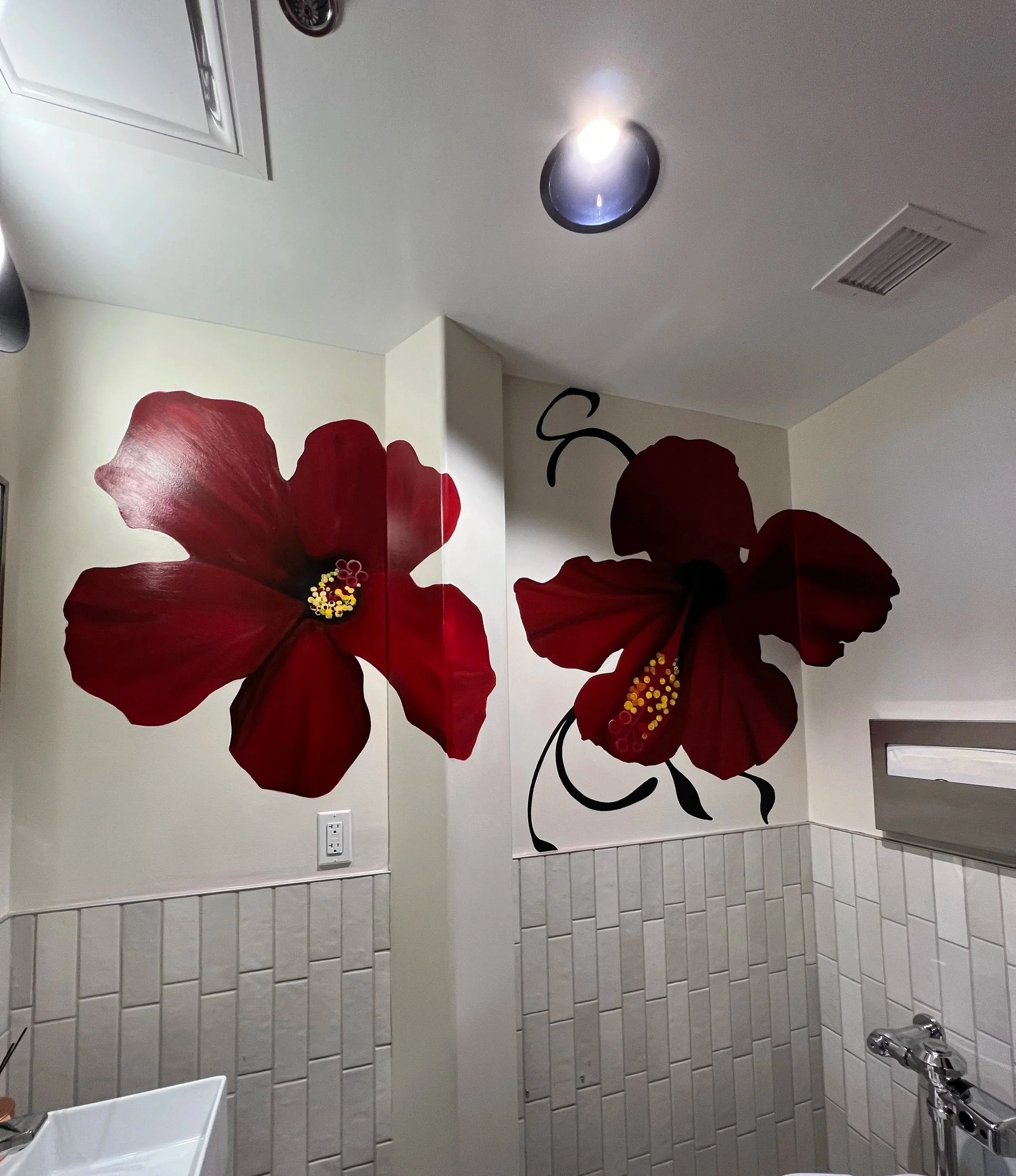 Multi-Space Installation featuring custom murals, large-scale plexiglass artworks and resin-coated oil paintings. The project integrated spray paint, acrylic, oil, gold leaf and resin across dining bars, private spaces and restrooms.