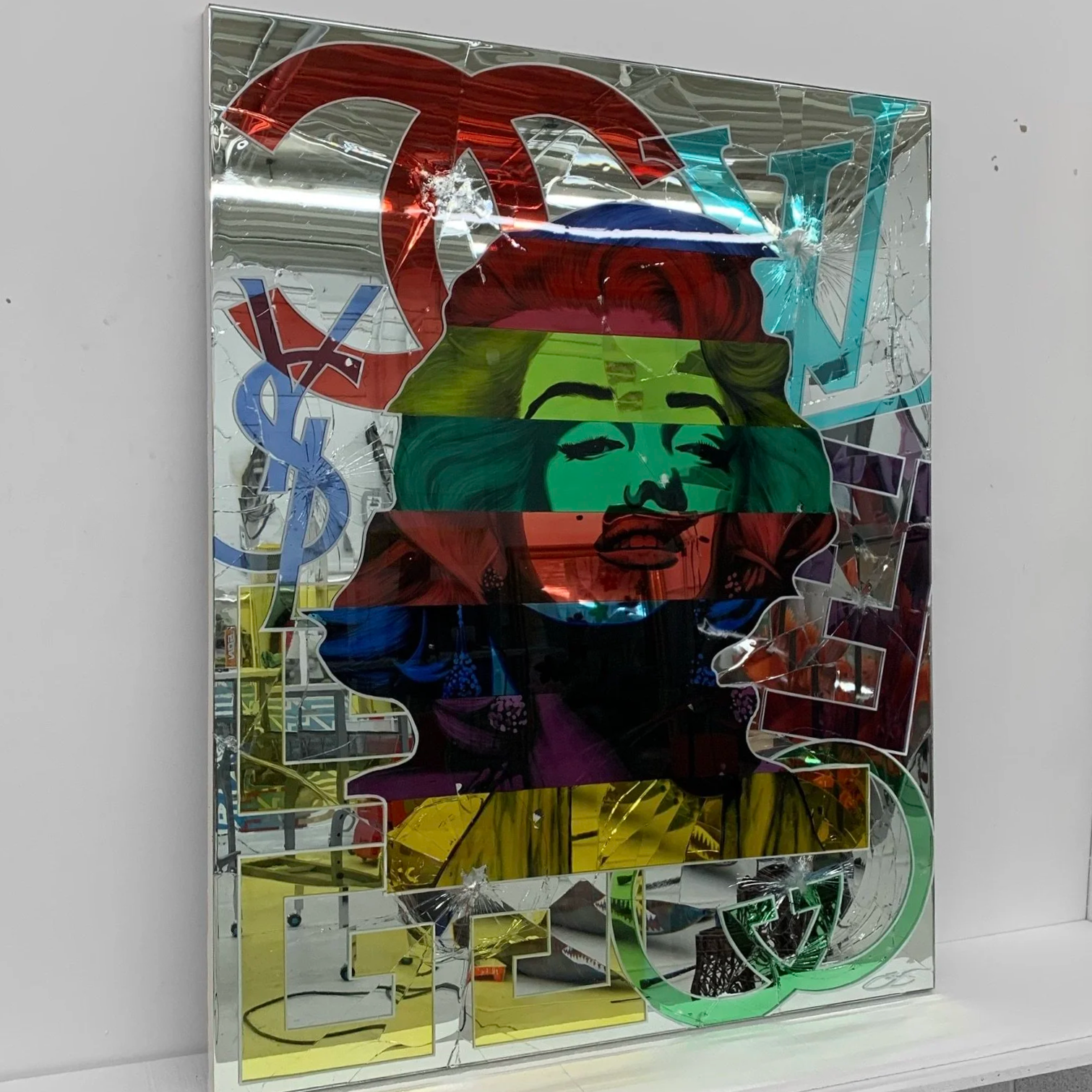 Stained glass paint, acrylic and epoxy resin on intentionally-shattered mirror. Mounted to canvas. 4 x 5 ft.