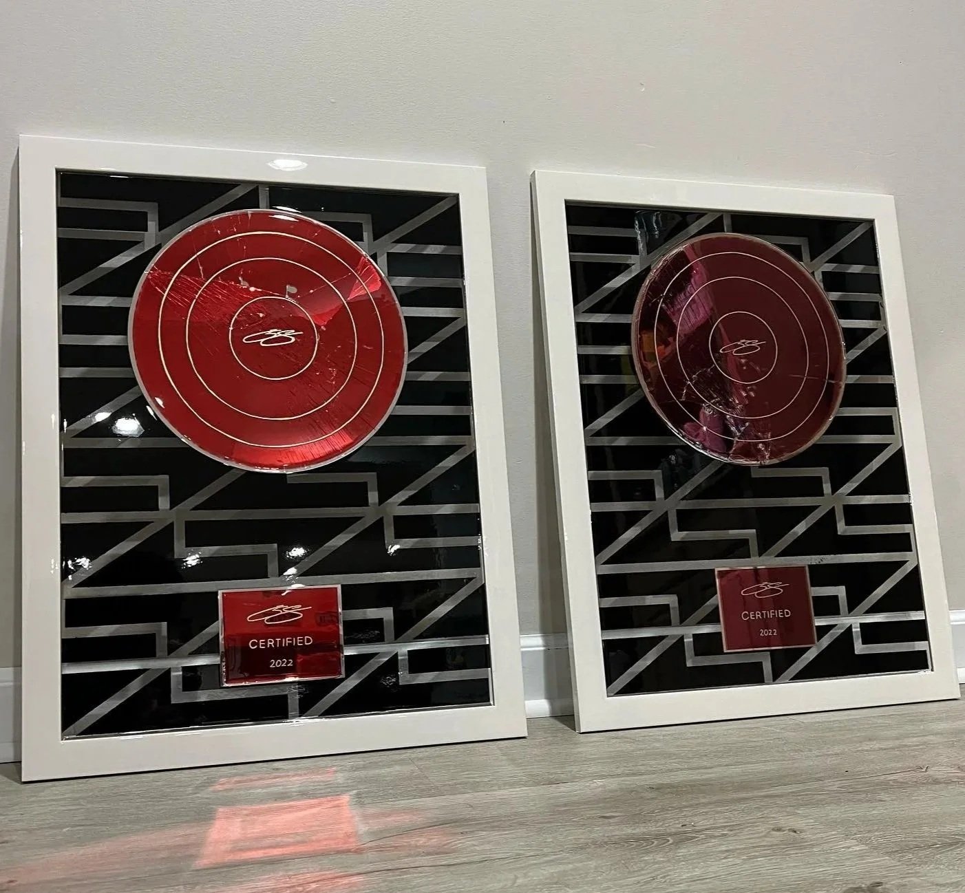 Stained glass paint and ink on intentionally-shattered mirrors, mounted to spray painted glass. Sealed with resin and permanently mounted to custom wood frames. Dual set. 18 x 24 in. each. 