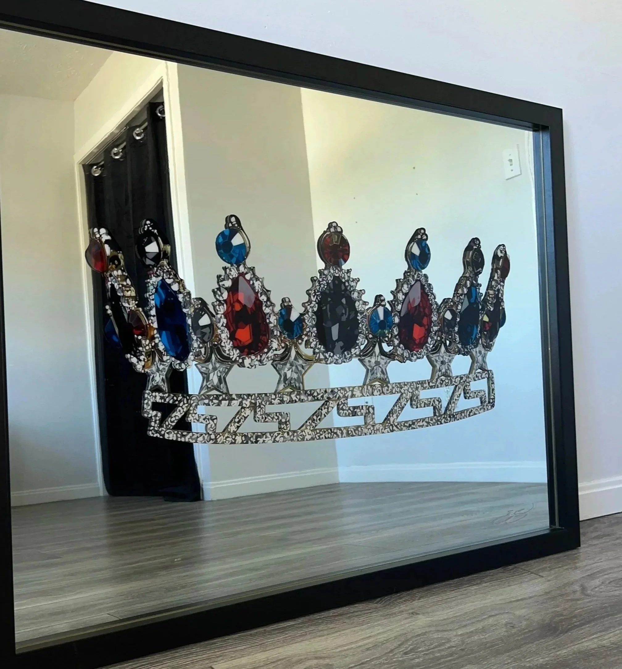 Oil paint and epoxy resin on mirror. Permanently mounted to mirror. 32 x 42 in.