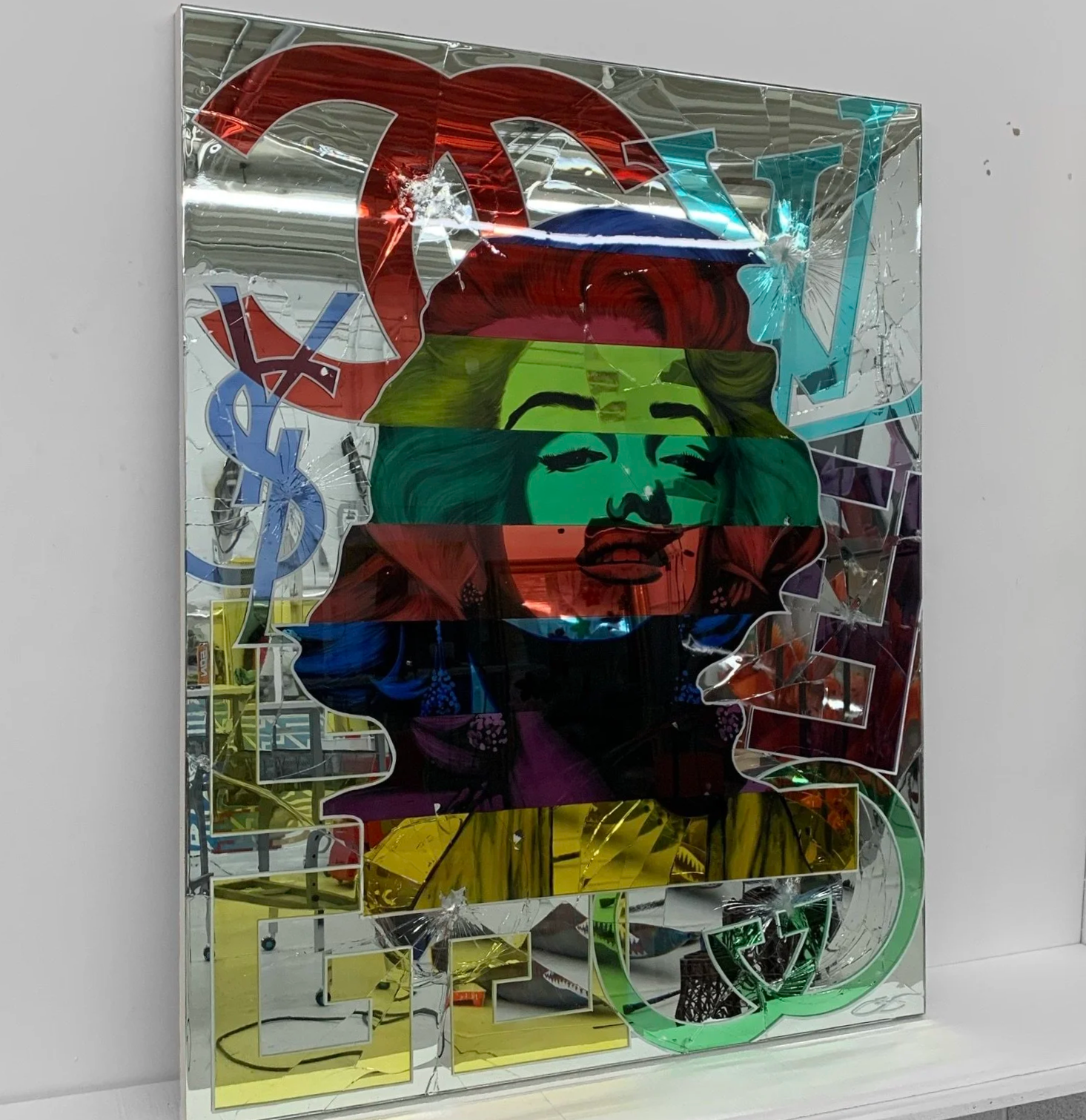 Stained glass paint, acrylic and epoxy resin on intentionally-shattered mirror. Mounted to canvas. 4 x 5 ft.