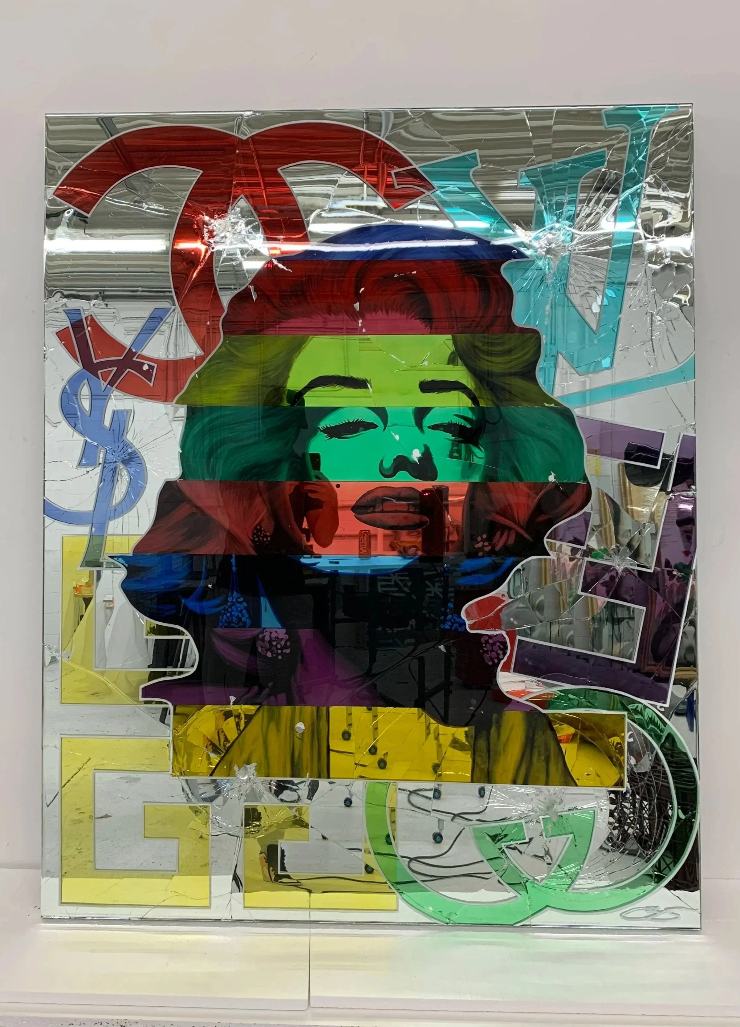 Stained glass paint, acrylic and epoxy resin on intentionally-shattered mirror. Mounted to canvas. 4 x 5 ft.