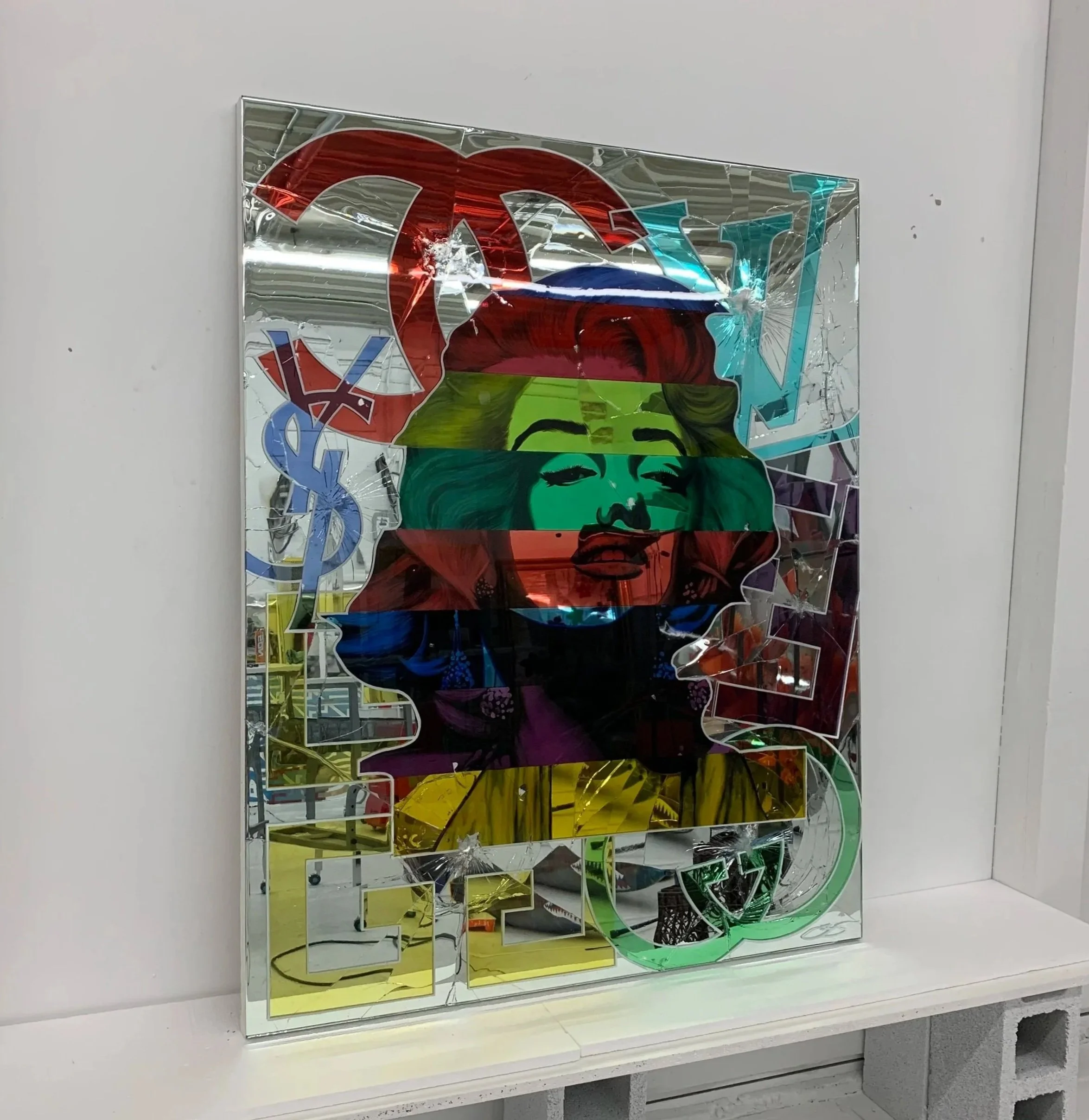 Stained glass paint, acrylic and epoxy resin on intentionally-shattered mirror. Mounted to canvas. 4 x 5 ft.