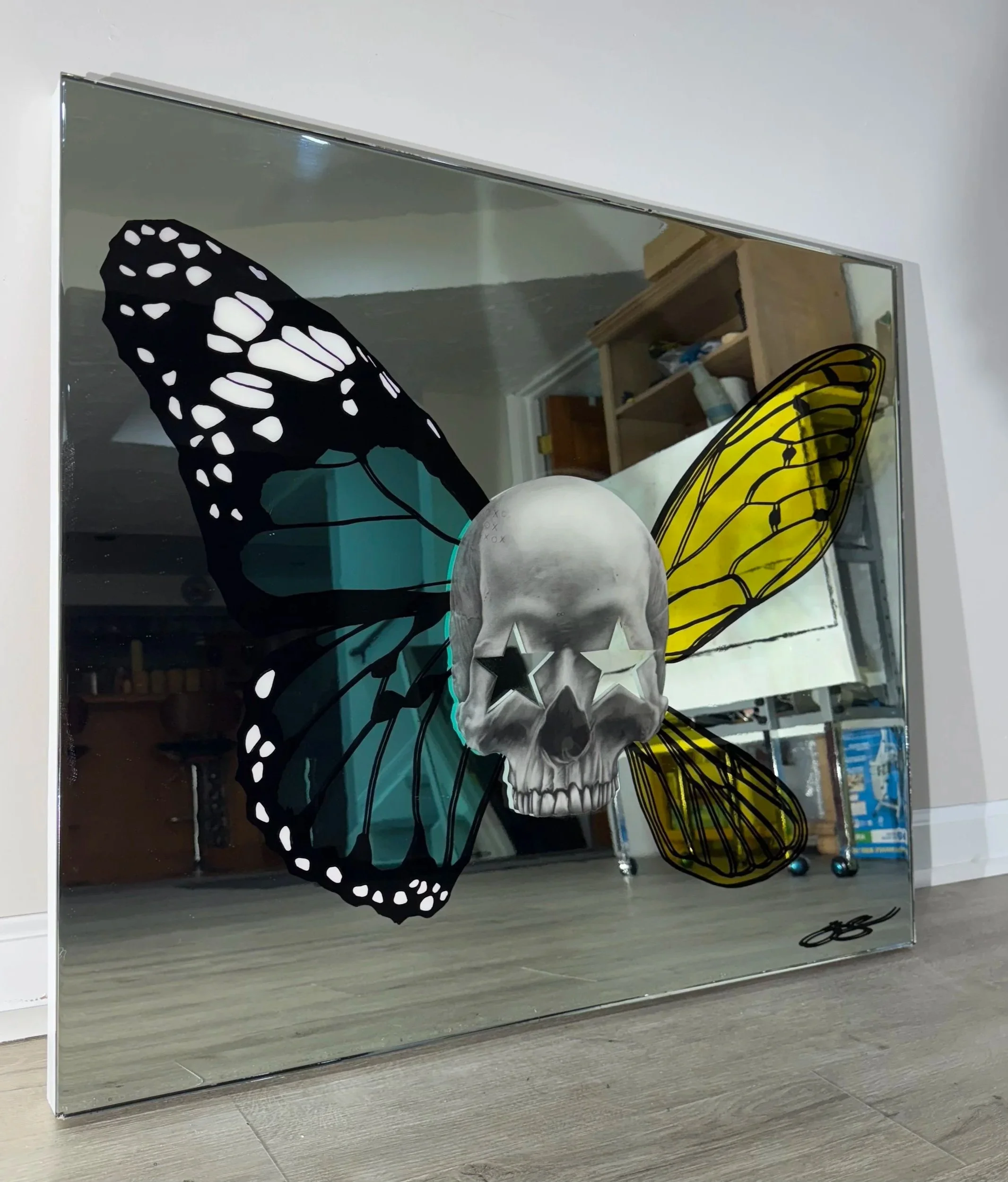 Graphite pencil drawing, stained glass paint, acrylic and epoxy resin on mirror. Mounted to canvas. 30 x 36 in. 