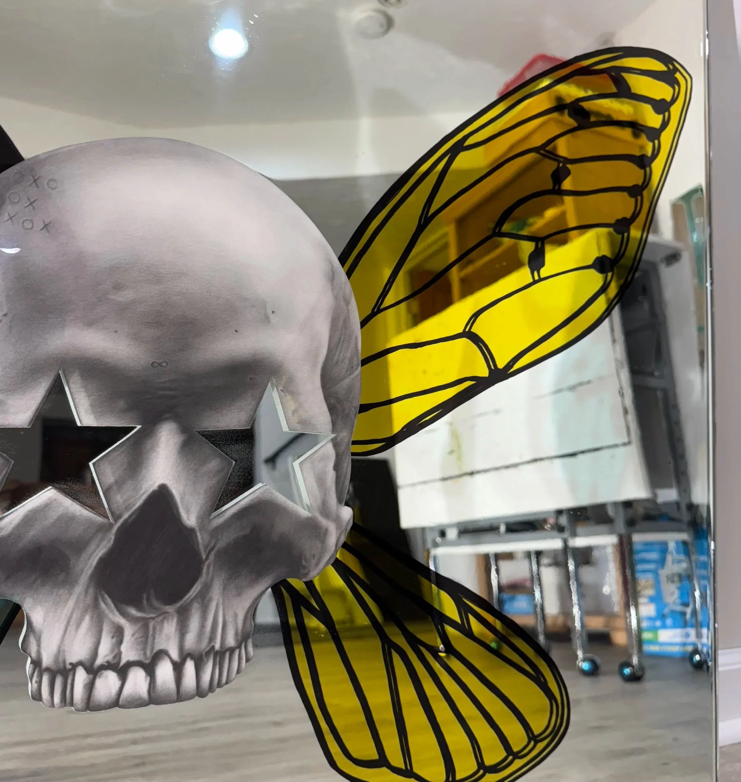 Graphite pencil drawing, stained glass paint, acrylic and epoxy resin on mirror. Mounted to canvas. 30 x 36 in. 