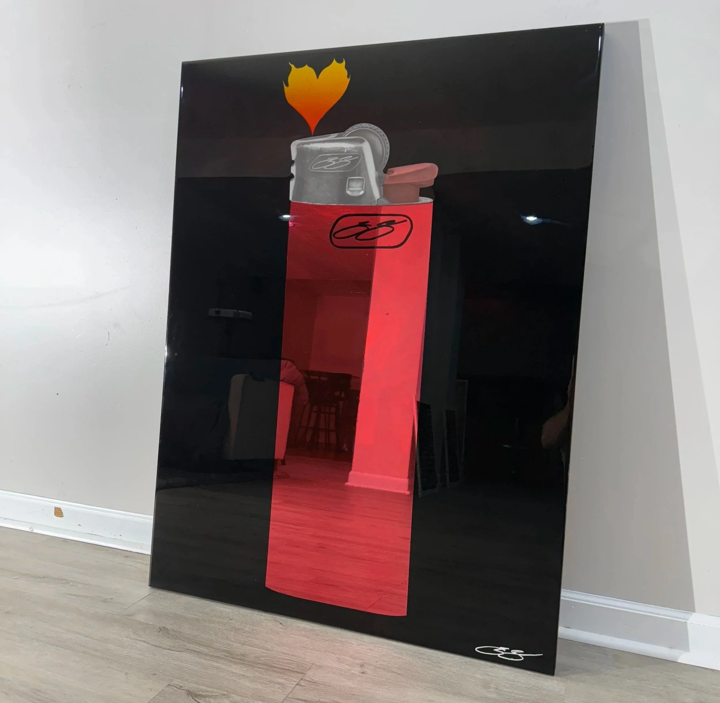 Graphite pencil drawing, acrylic, stained glass paint and epoxy resin on mirror. Mounted to canvas. 3 x 4 ft.