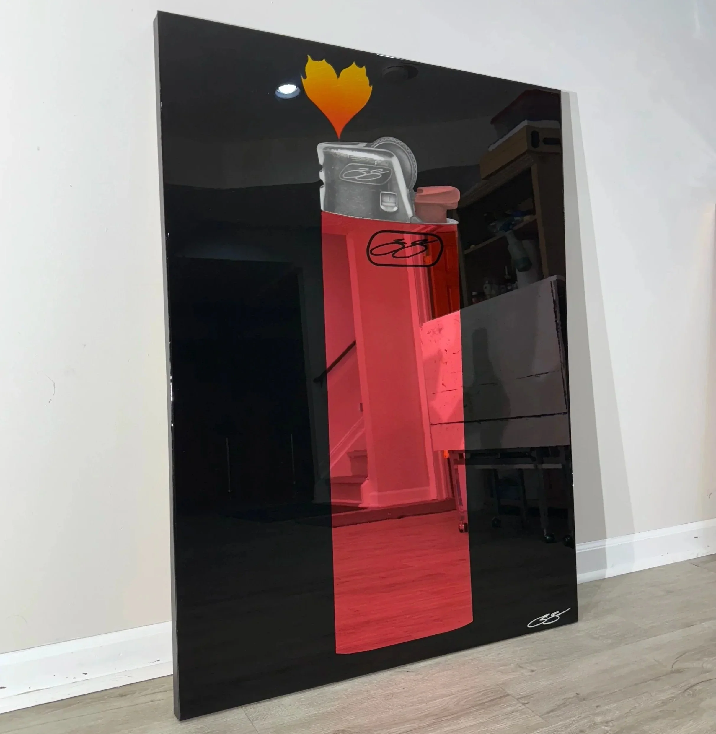 Graphite pencil drawing, acrylic, stained glass paint and epoxy resin on mirror. Mounted to canvas. 3 x 4 ft.