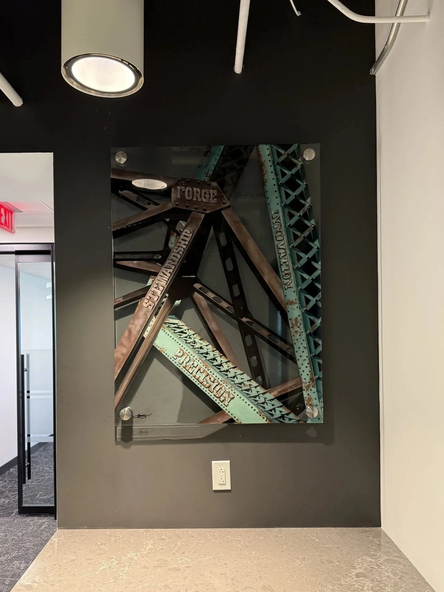 Cleveland steel industry inspired glass installation featuring industrial bridge structures painted on 3ft x 4ft tempered glass. Finished with epoxy resin and floating stainless steel standoff mounting. Approximately 150 hours in creation.