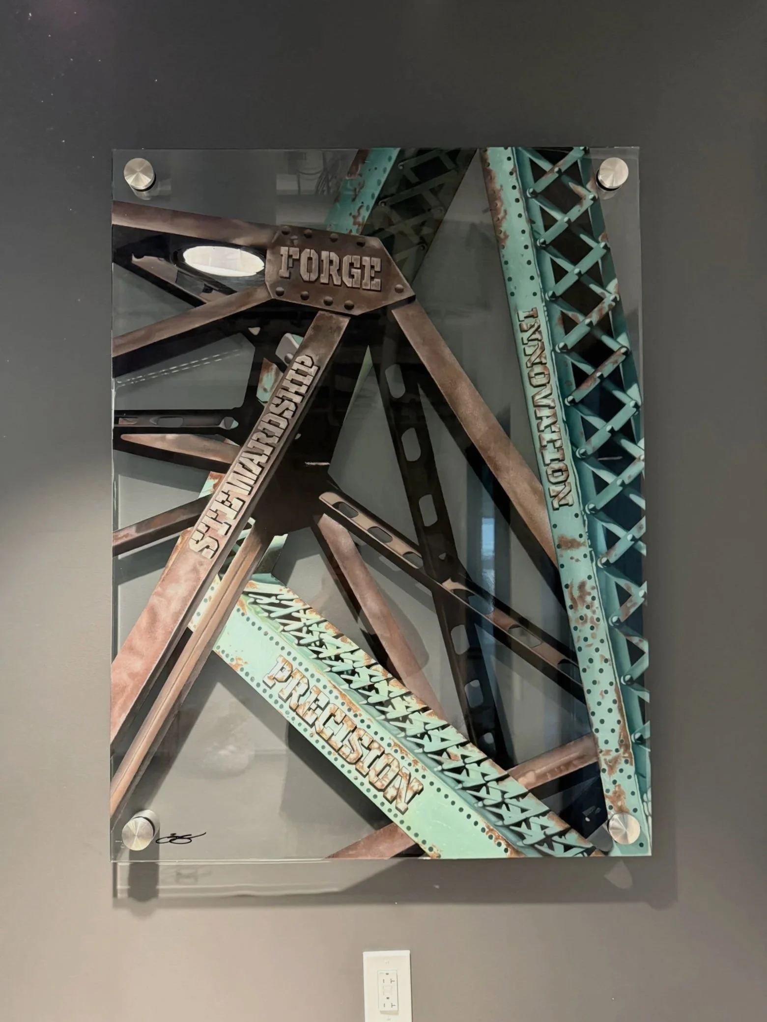 Cleveland steel industry inspired glass installation featuring industrial bridge structures painted on 3ft x 4ft tempered glass. Finished with epoxy resin and floating stainless steel standoff mounting. Approximately 150 hours in creation.