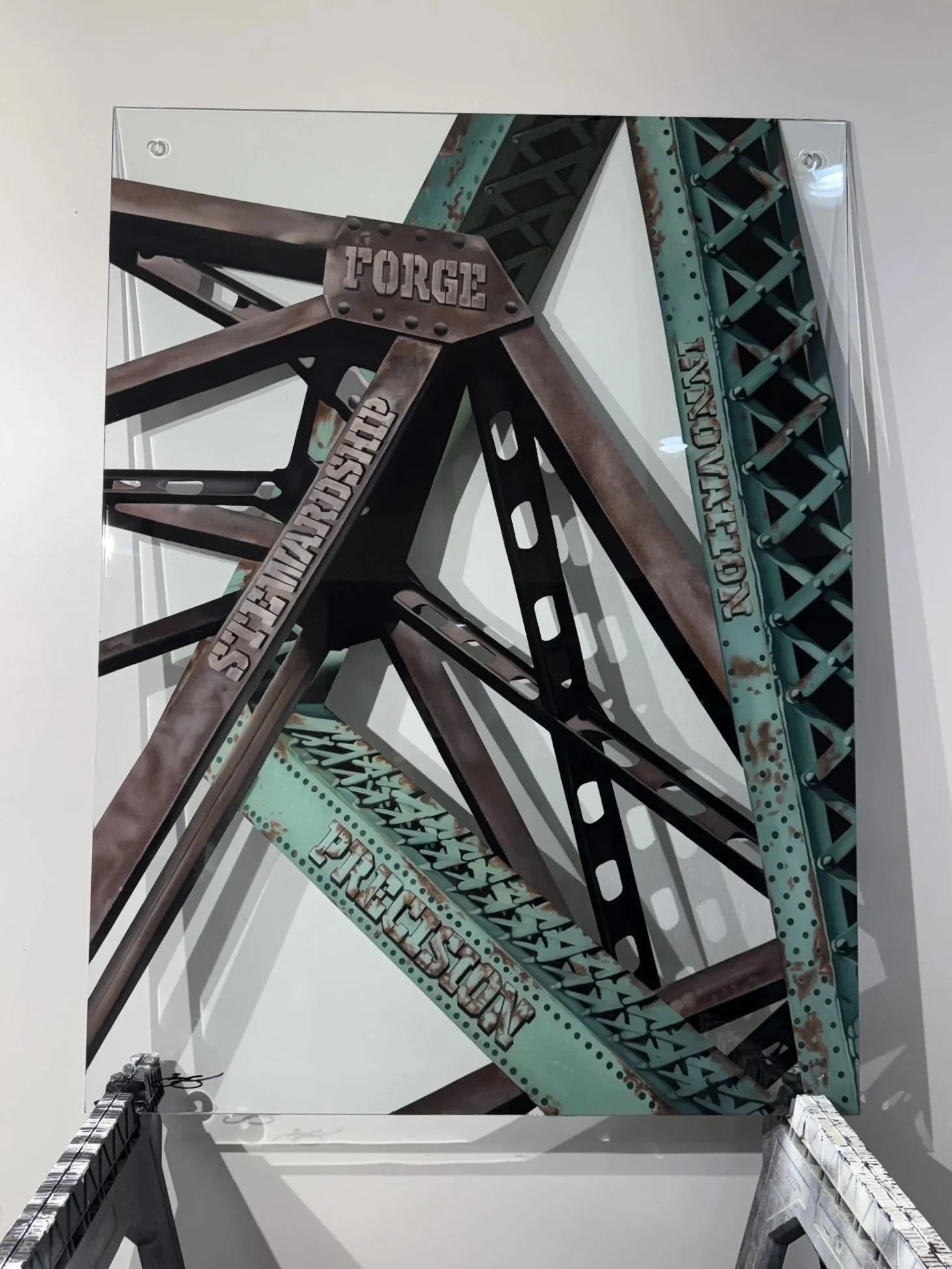 Cleveland steel industry inspired glass installation featuring industrial bridge structures painted on 3ft x 4ft tempered glass. Finished with epoxy resin and floating stainless steel standoff mounting. Approximately 150 hours in creation.