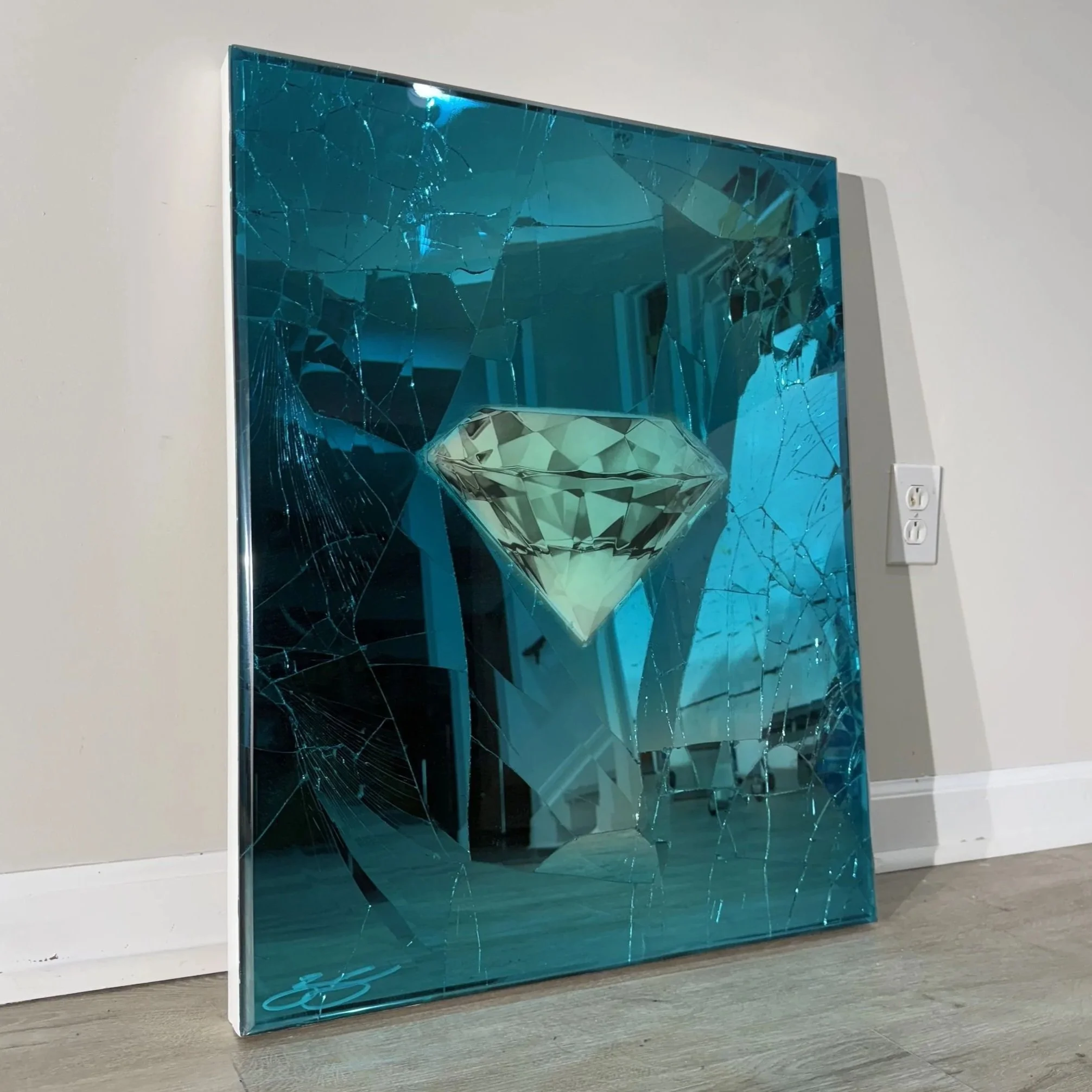 Graphite pencil drawing layered over intentionally shattered mirror and sealed with blue-dyed epoxy resin. Mounted to canvas. 24 x 30 in.
