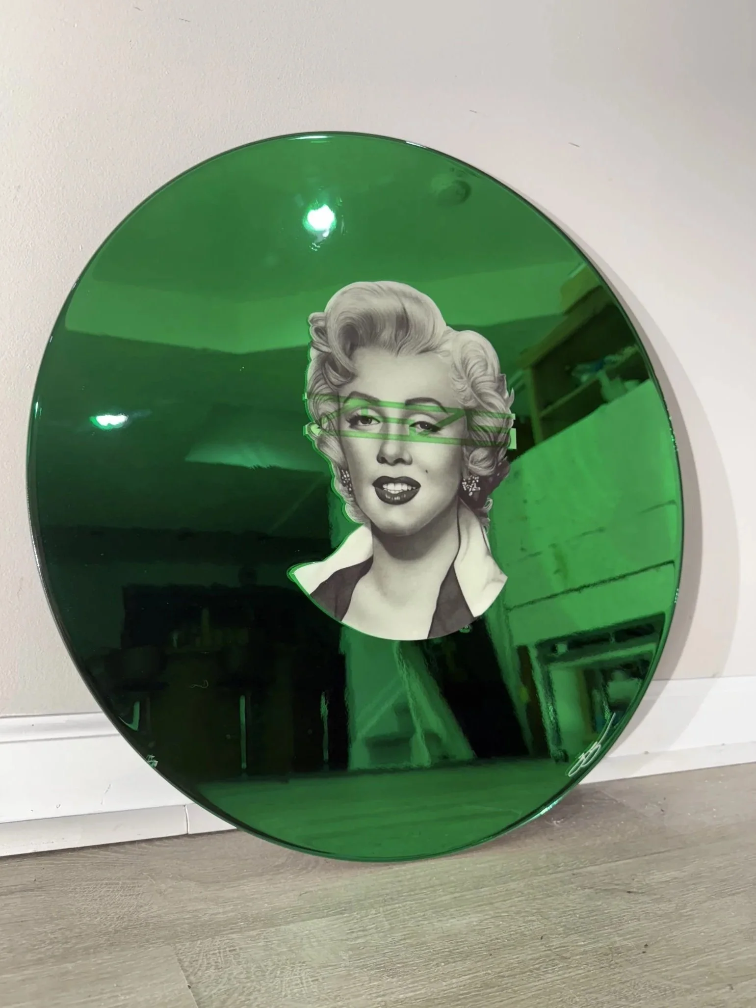 Graphite pencil drawing layered over stained glass painted mirror. Sealed with epoxy resin. 24 in. diameter.