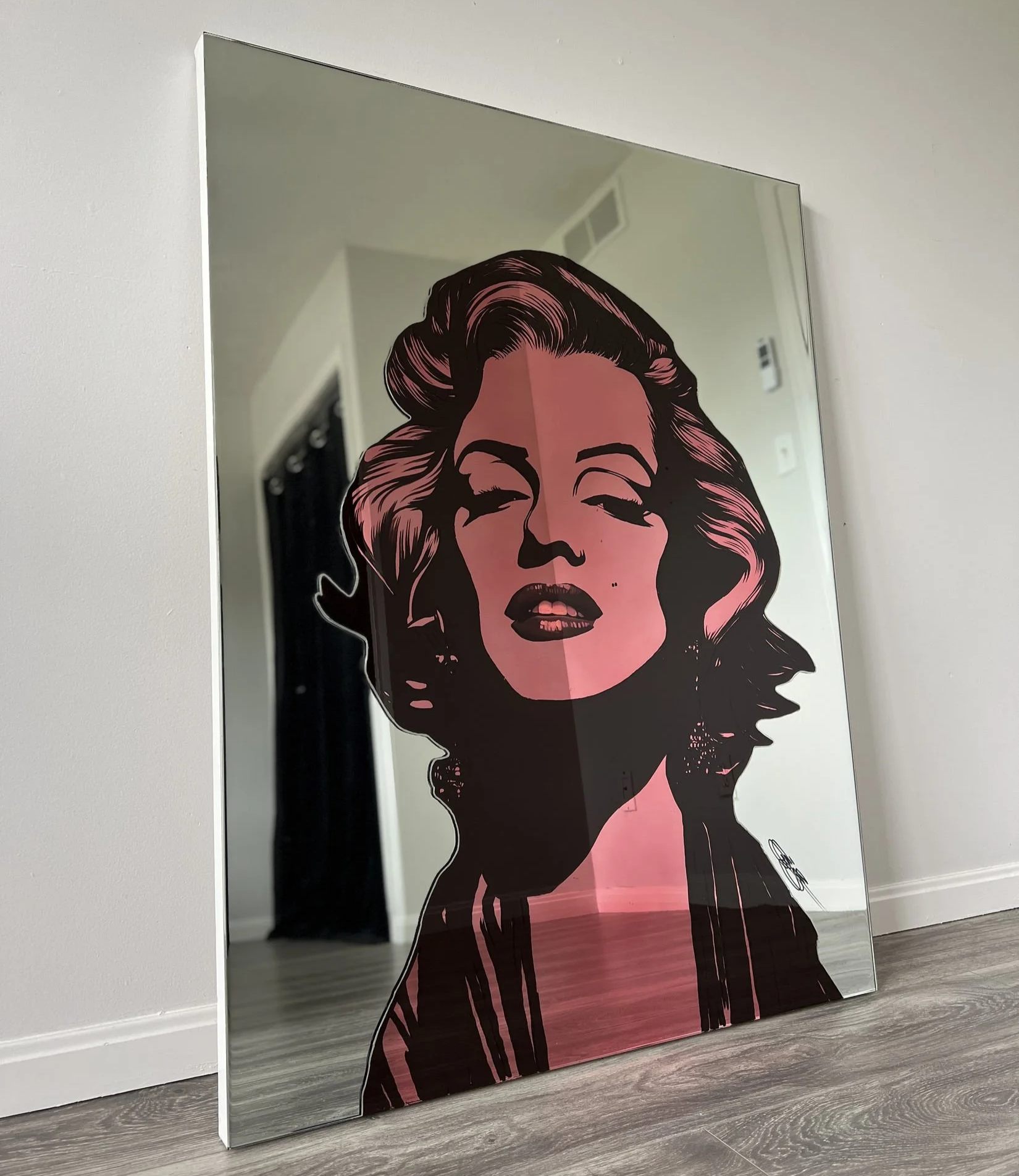 Stained glass paint, acrylic, and epoxy resin on mirror. Mounted to canvas. 3 x 4 ft.