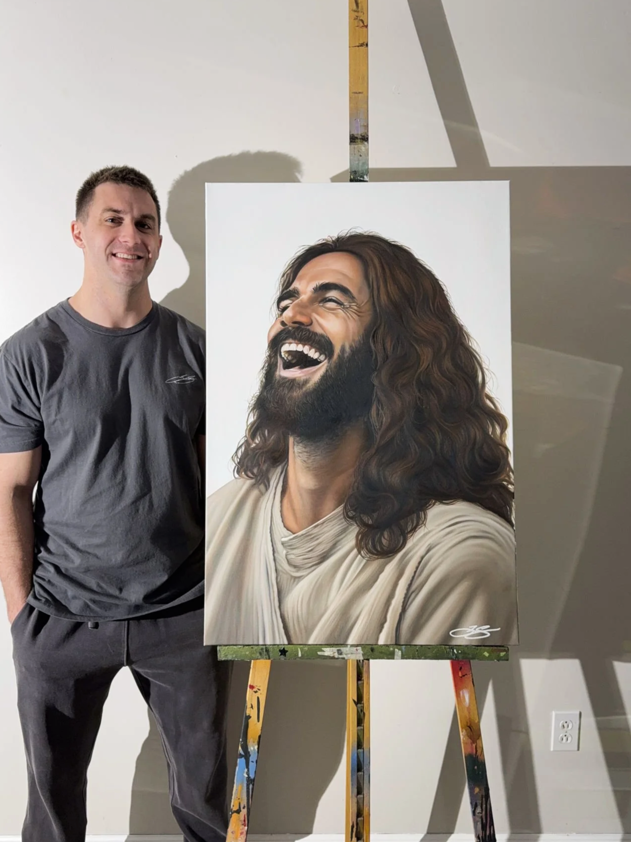 Oil painting of Jesus laughing on 24" x 36" canvas
