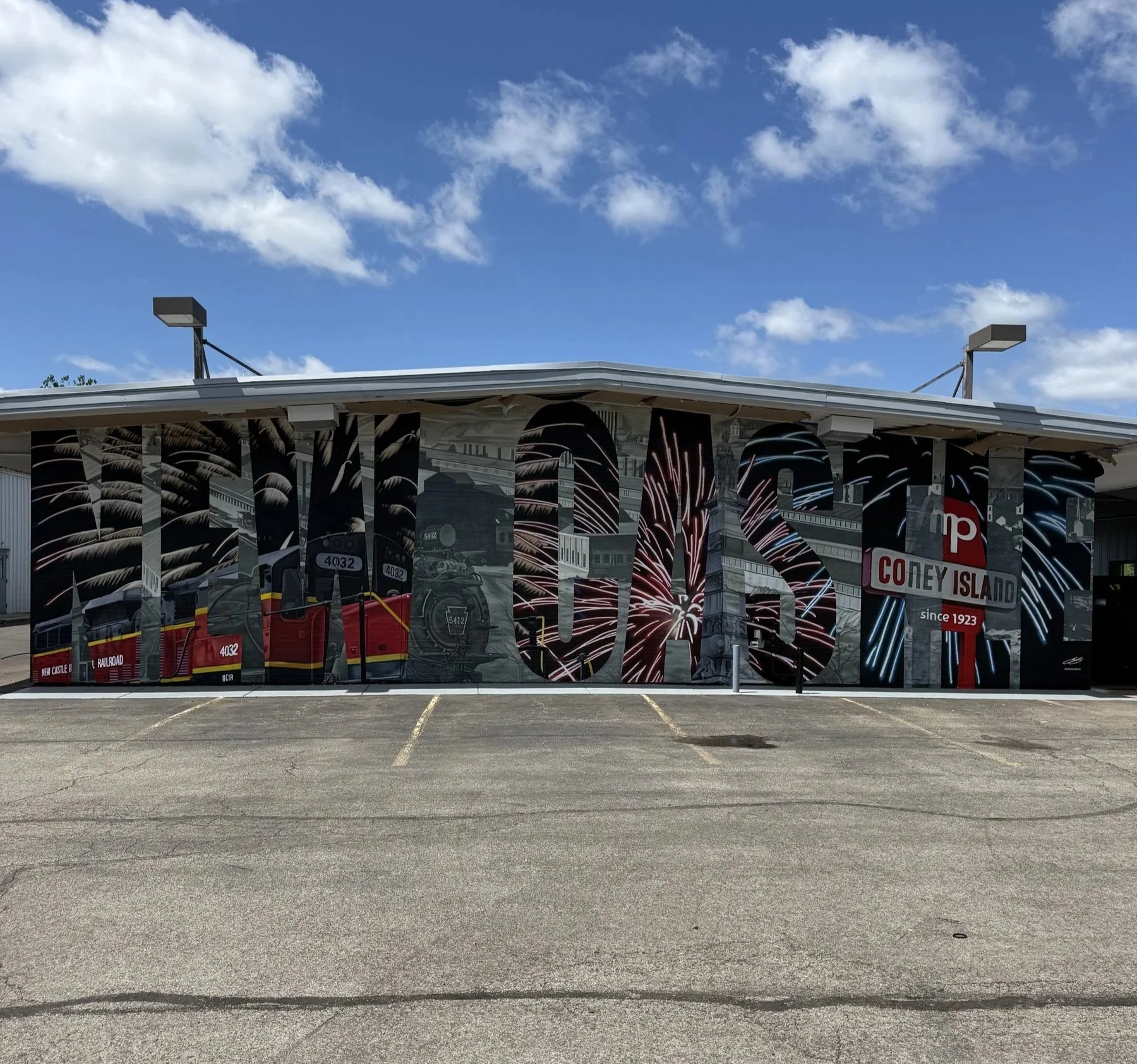 This large-scale mural was designed to captured the identity of New Castle by contrasting its industrial heritage with the city's modern character. Hand-painted across a 50' x 18' wall using acrylic, oil, and spray paint.
