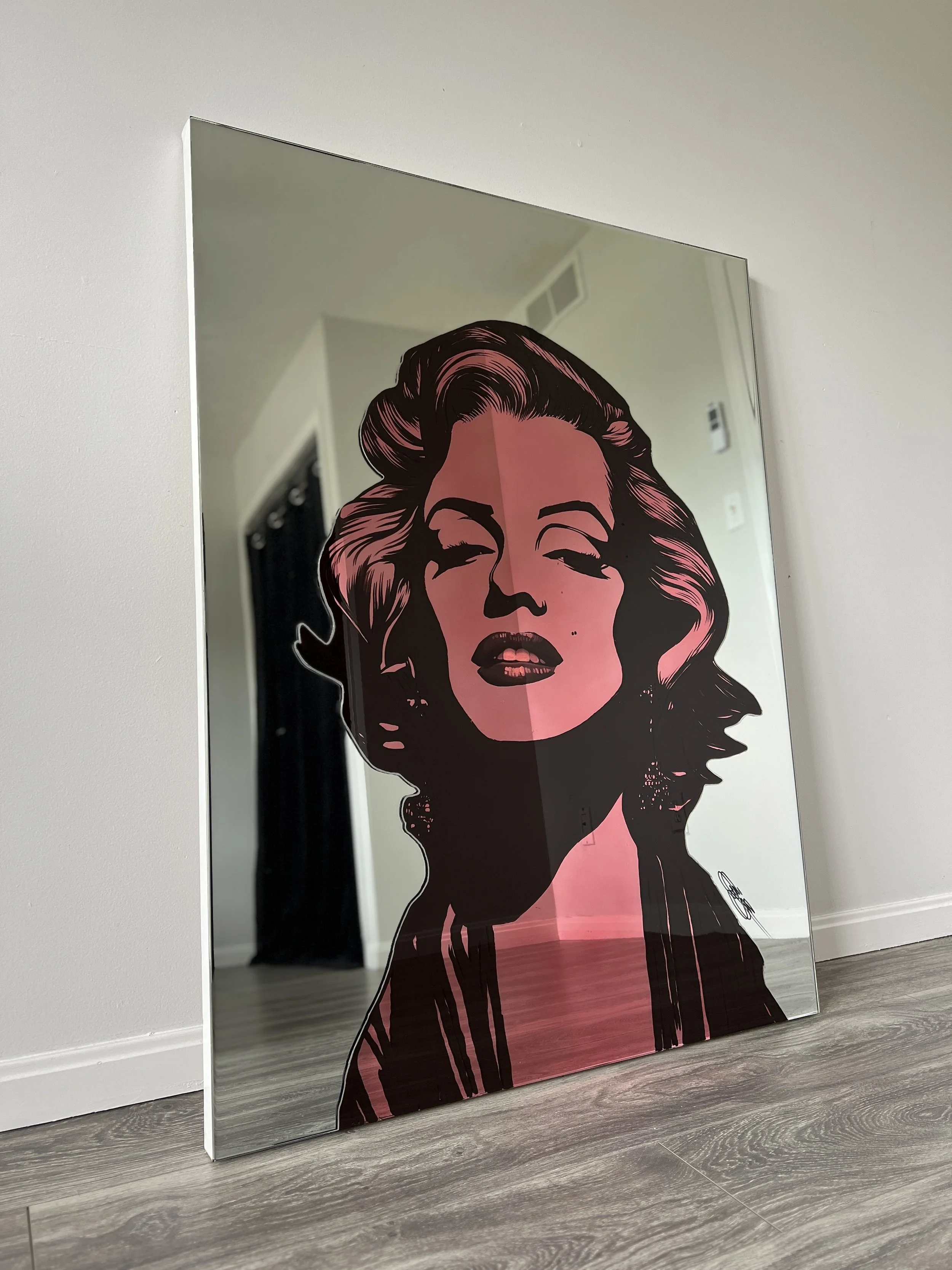 Stained glass paint, acrylic and epoxy resin on mirror. Mounted to canvas. 3 x 4 ft.