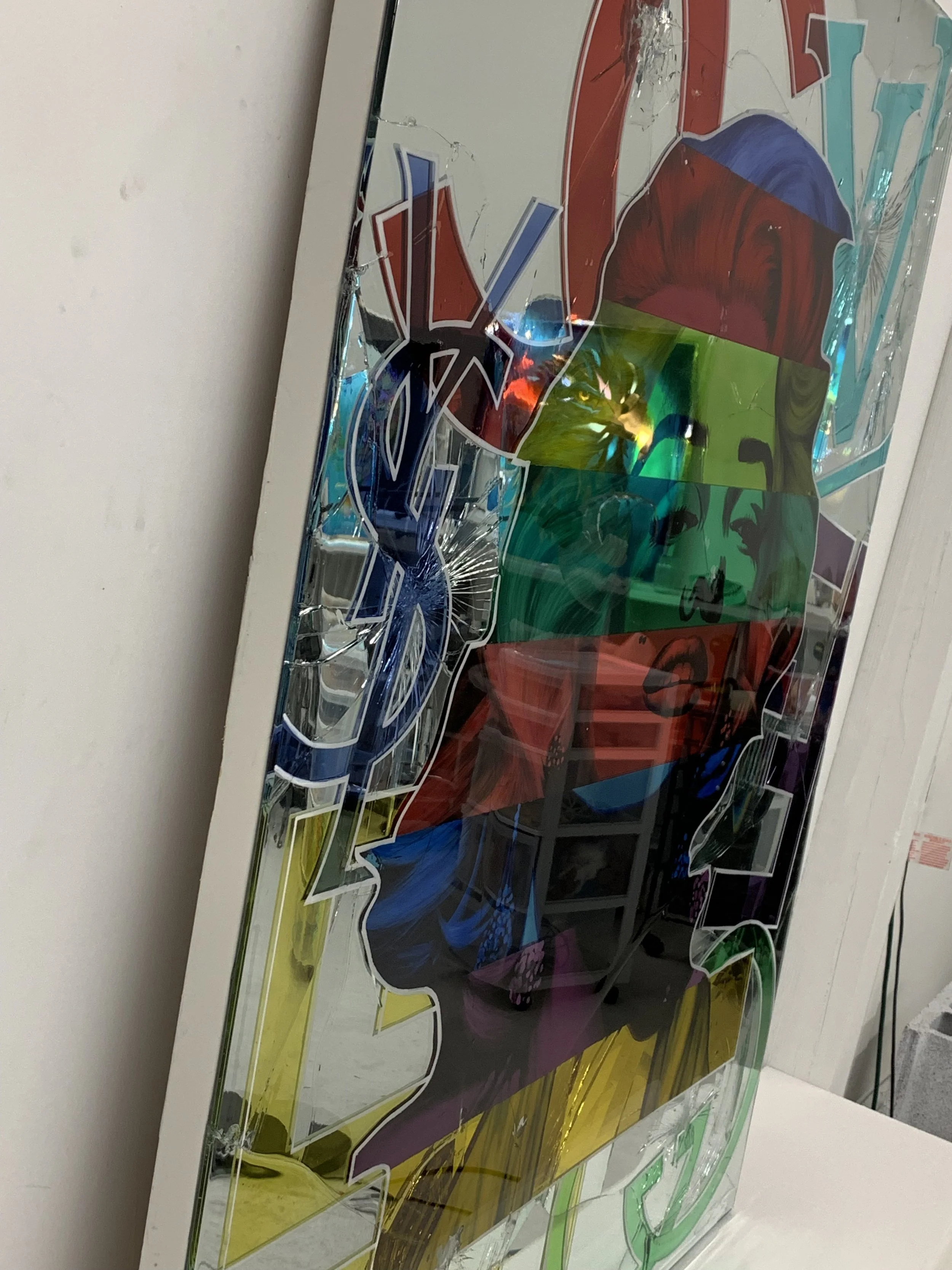 Stained glass paint, acrylic and epoxy resin on intentionally-shattered mirror. Mounted to canvas. 4 x 5 ft.